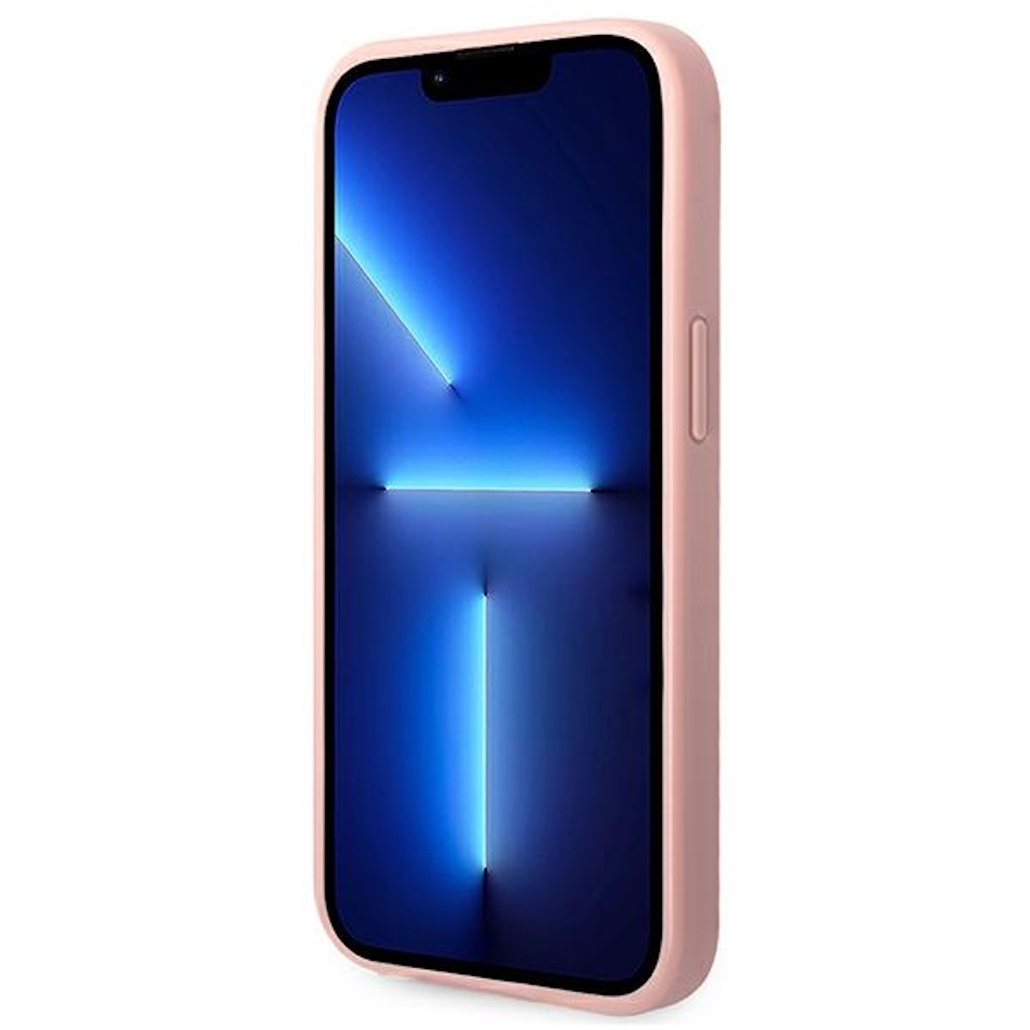 Custodia rosa con schermo blu. Lo schermo mostra un motivo blu.