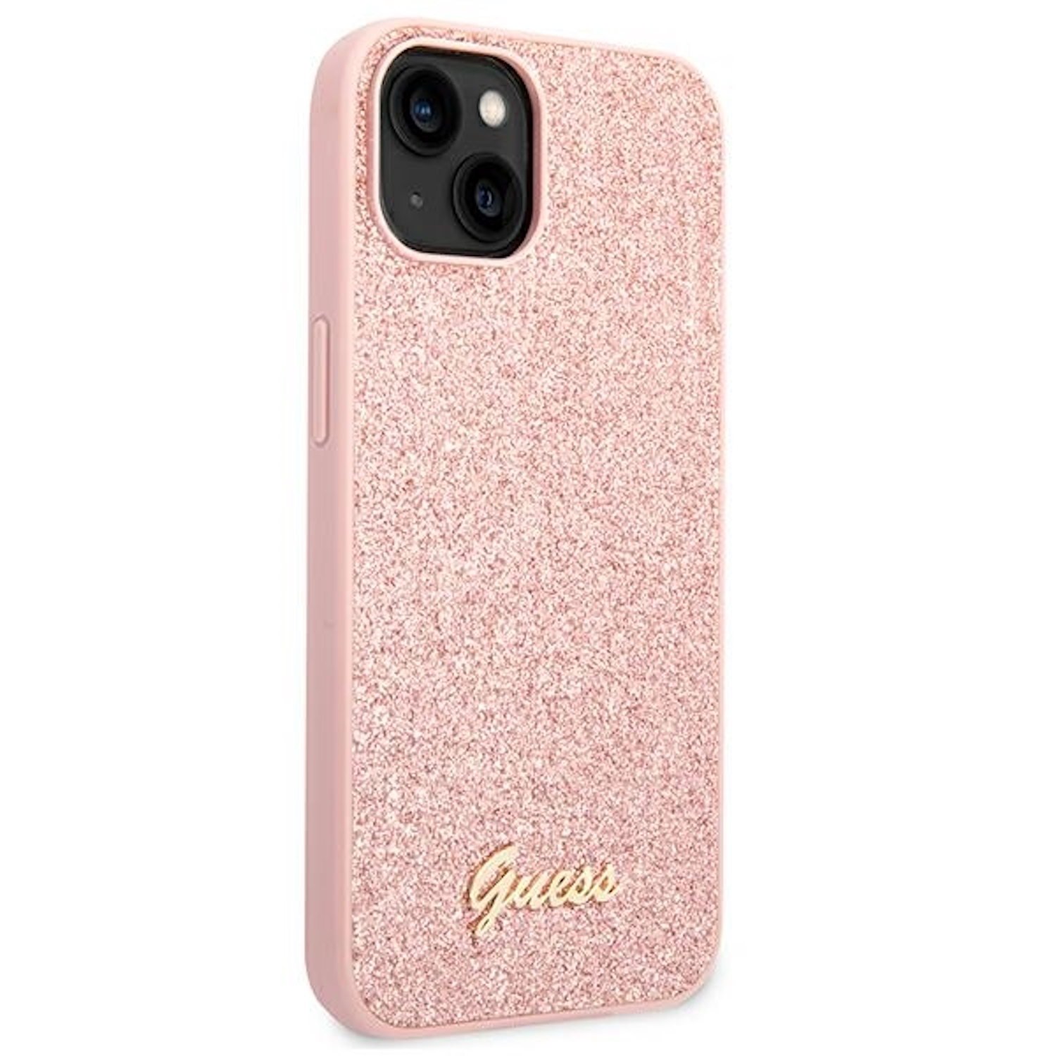 Custodia per telefono rosa glitterata con logo Guess. Ha un ritaglio per la fotocamera e un bordo leggermente rialzato.