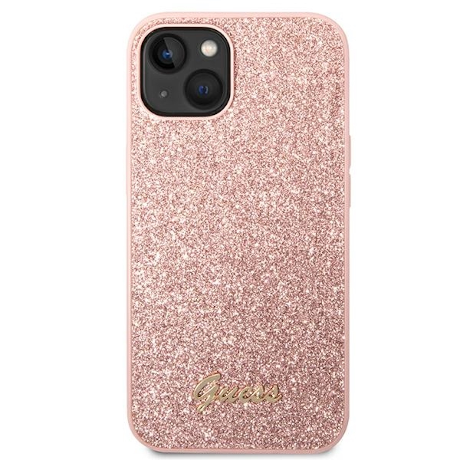 Custodia rosa glitterata. Ha un logo 'Guess' dorato in basso.