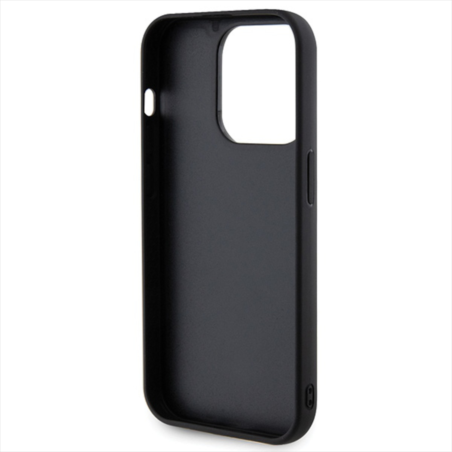 Schwarze Handyhülle innen, mit Kamera- und Knopfausschnitten. Die Hülle ist für ein Telefon.