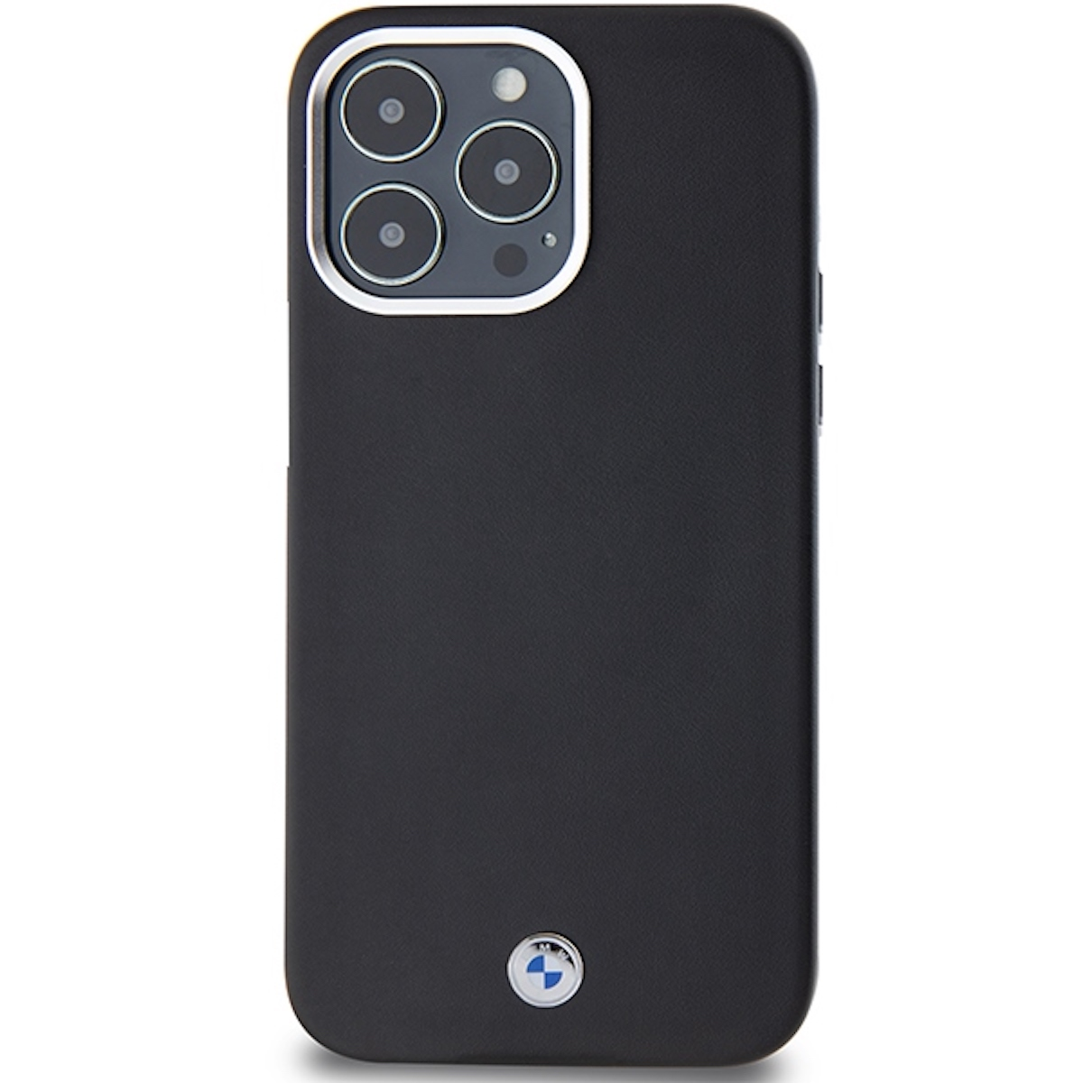 Custodia nera per telefono con logo BMW, mostra la fotocamera e un design minimalista.