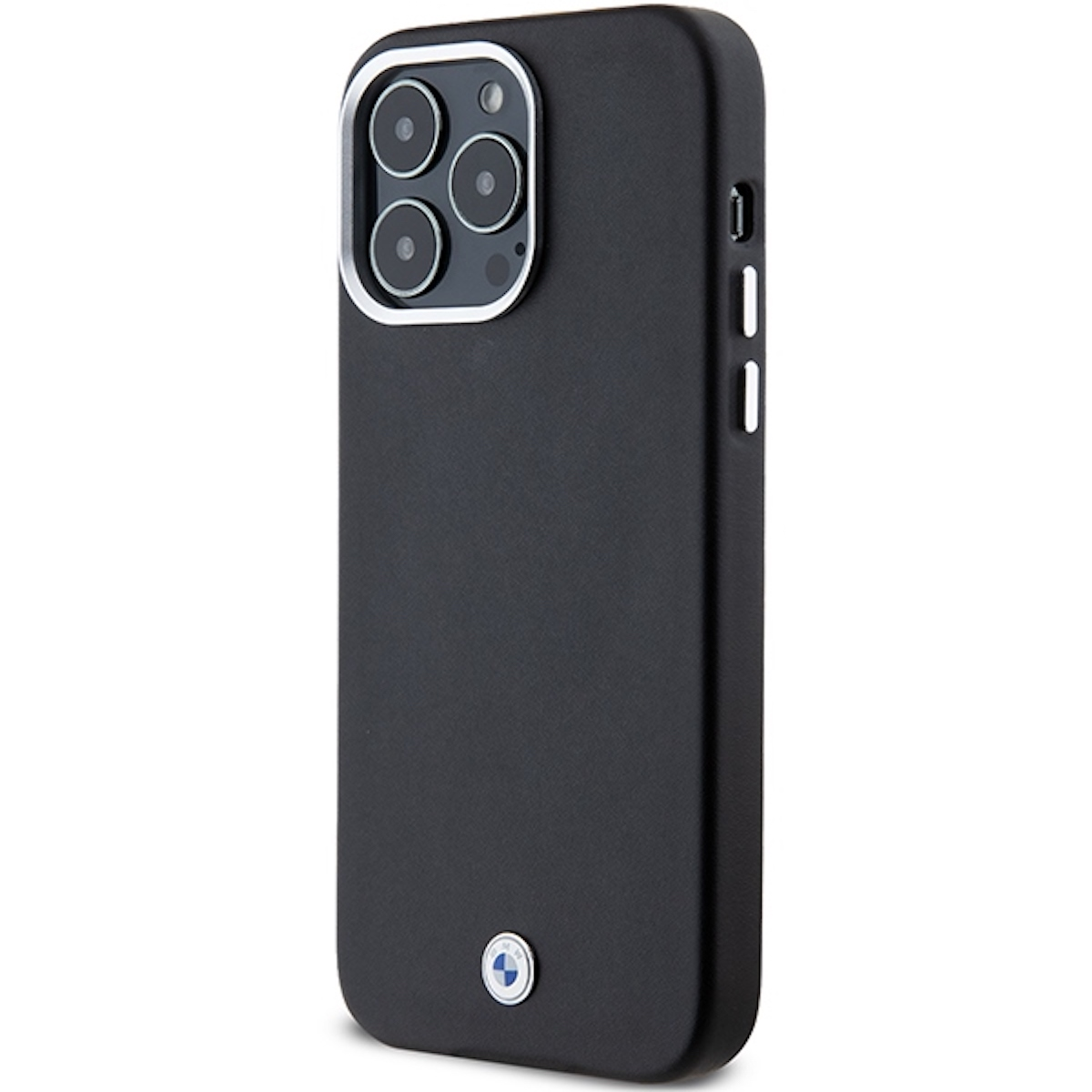Una custodia per telefono nera con il logo BMW. La custodia ha un anello per fotocamera argentato e un retro nero.