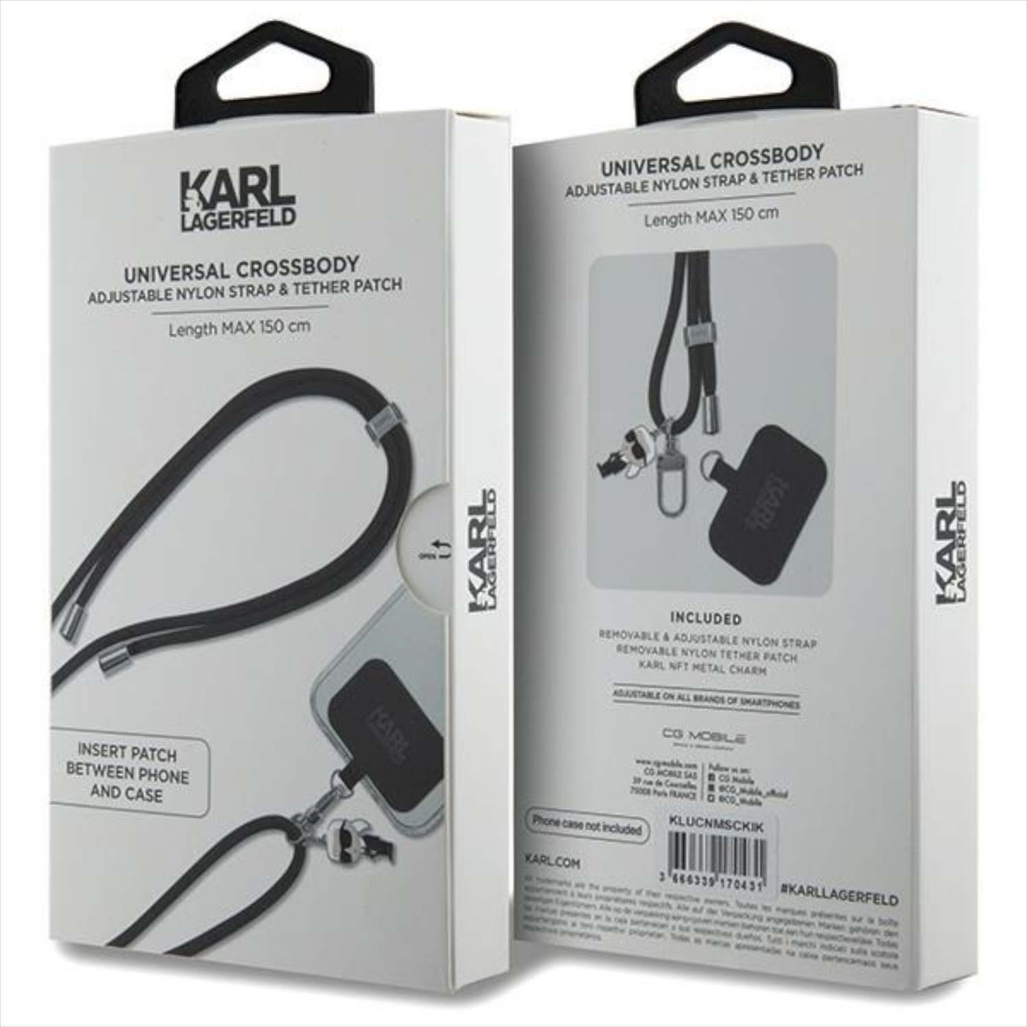 Scatola bianca Karl Lagerfeld con cinturino nero per telefono. Testo: Universal Crossbody.