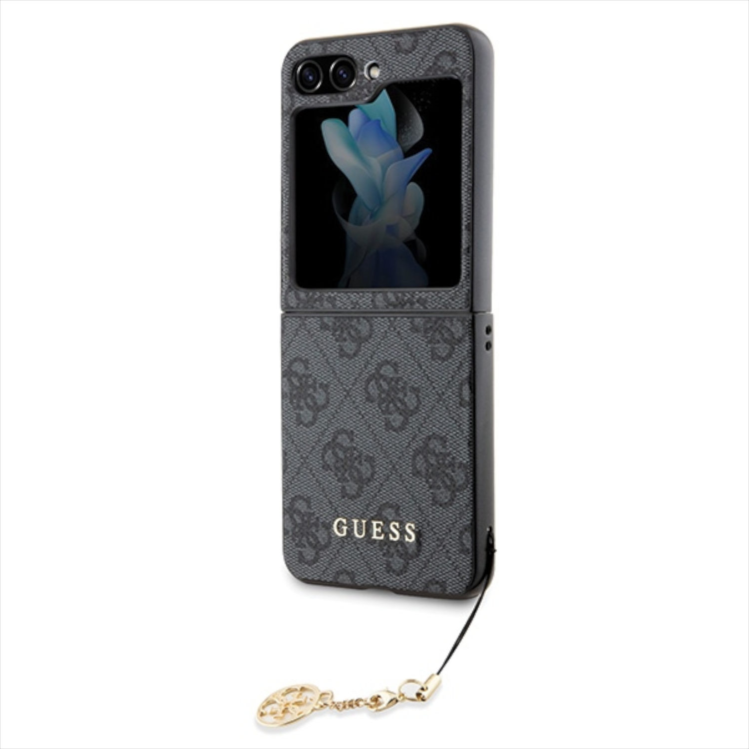 Klapp-Handyhülle mit Guess-Logo und einem Anhänger. Geöffnet, um das Display zu zeigen.