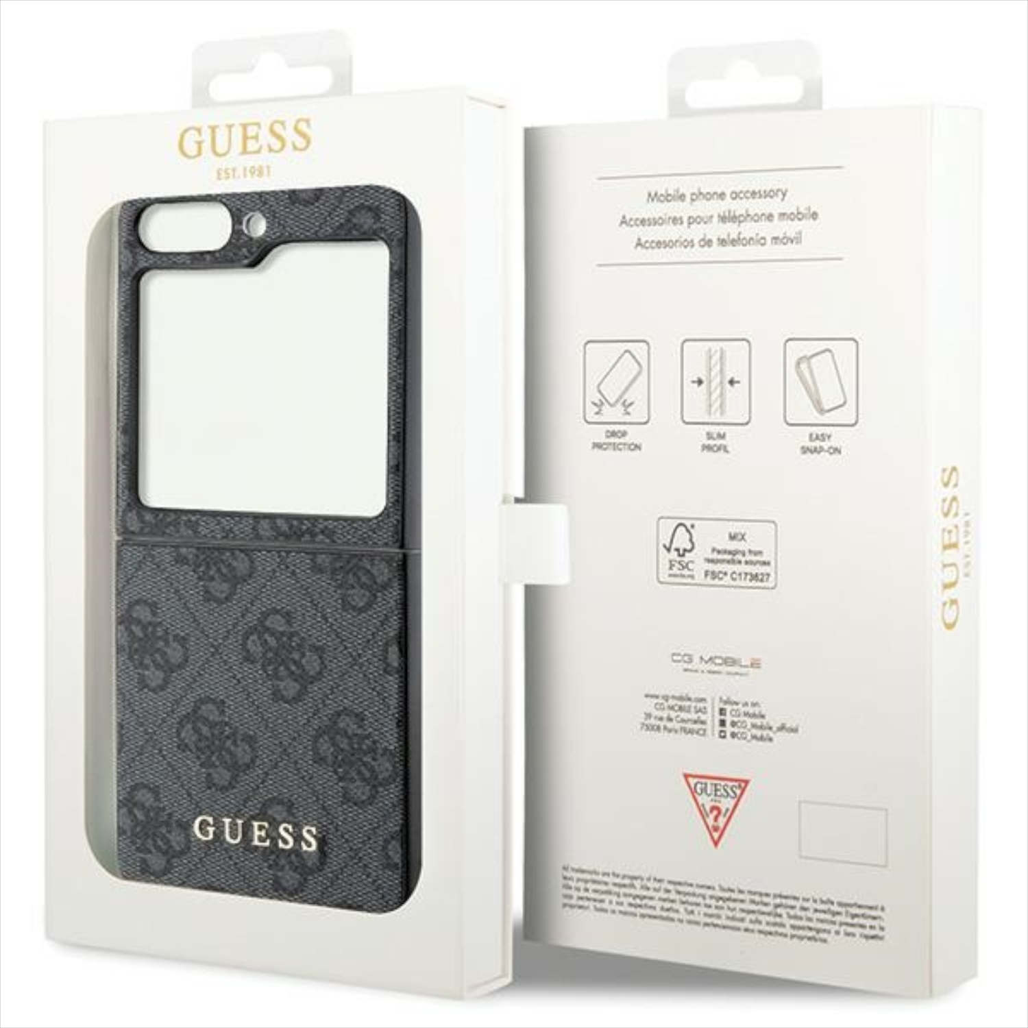 Weiße Guess-Box mit einer Handyhülle. Die Hülle ist grau mit Guess-Logo. Weißer Hintergrund.