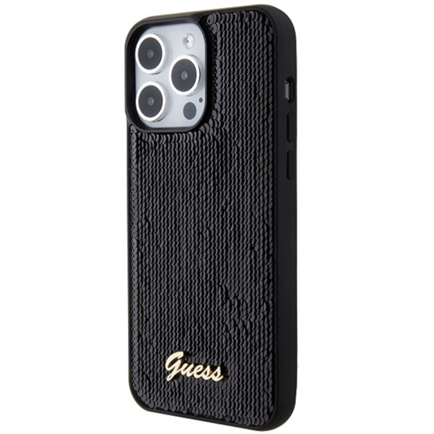 Custodia nera per telefono con paillettes e logo Guess dorato. Sfondo nero.