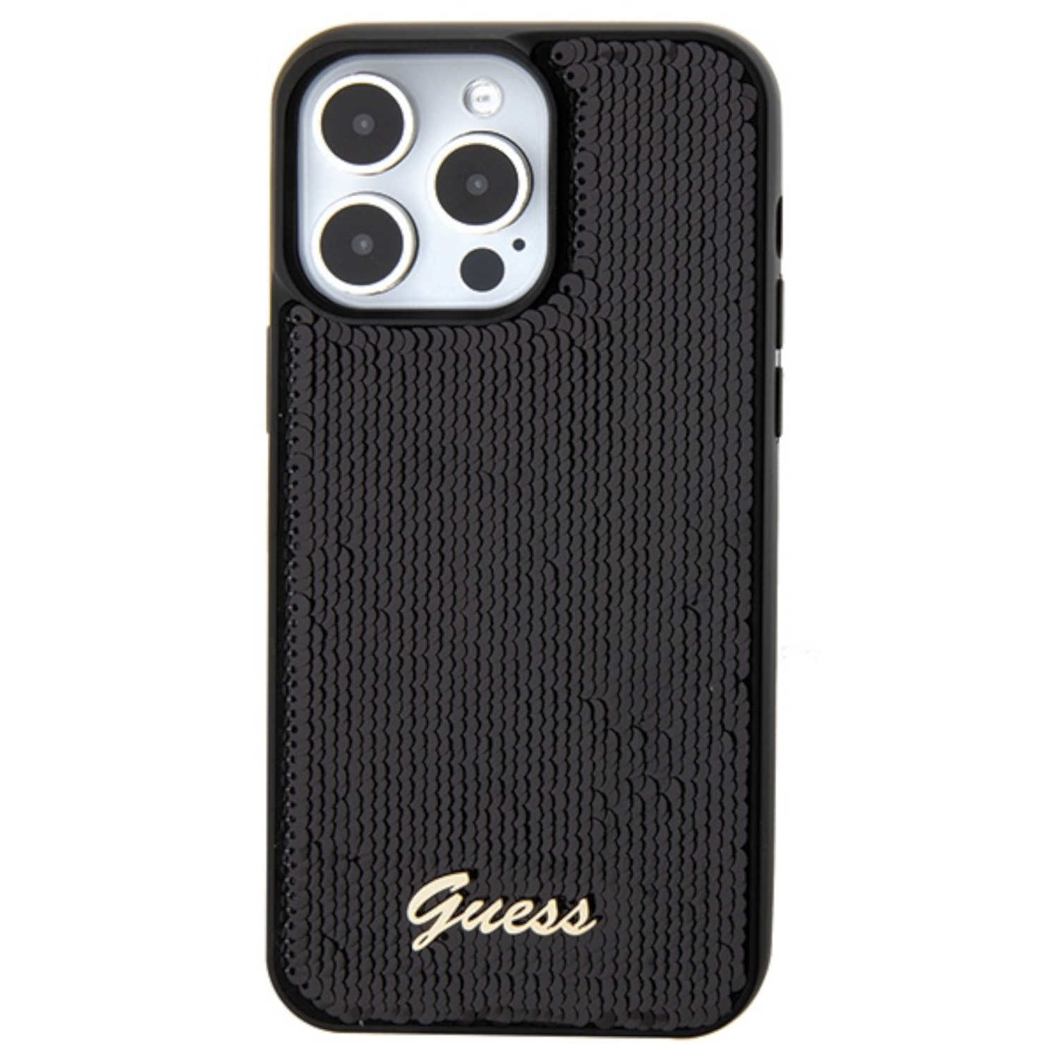 Custodia per telefono nera con paillettes e 'Guess' in oro. Ha quattro fori per la fotocamera in alto a sinistra.