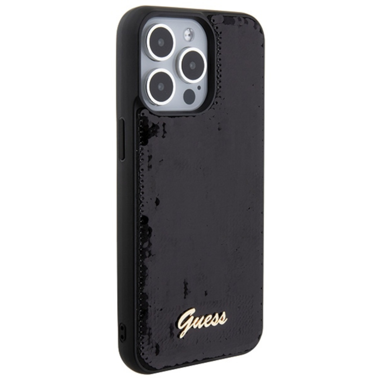 Custodia per telefono Guess nera con paillettes e logo Guess dorato. Telefono con più obiettivi visibili.