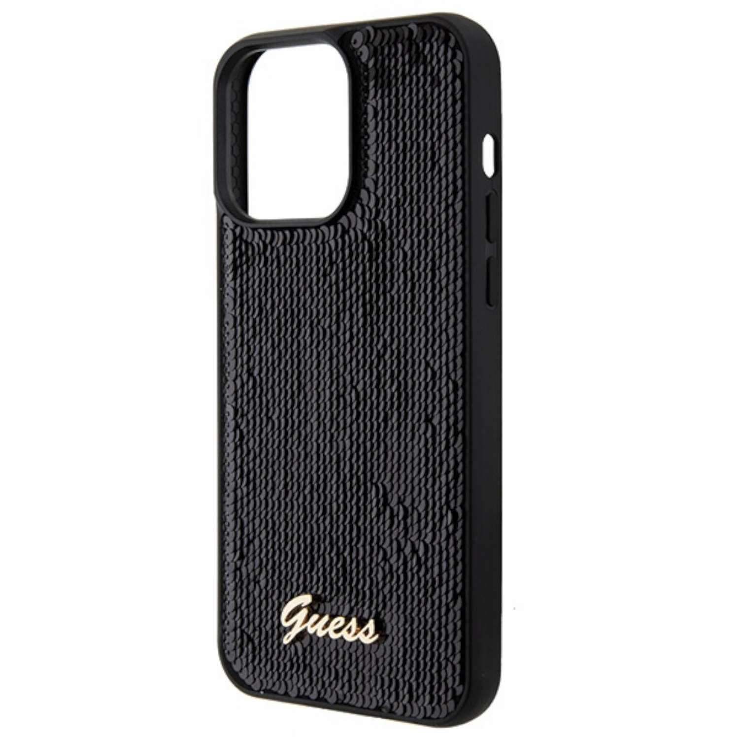 Custodia nera per telefono con logo Guess. La custodia ha un'apertura per la fotocamera.