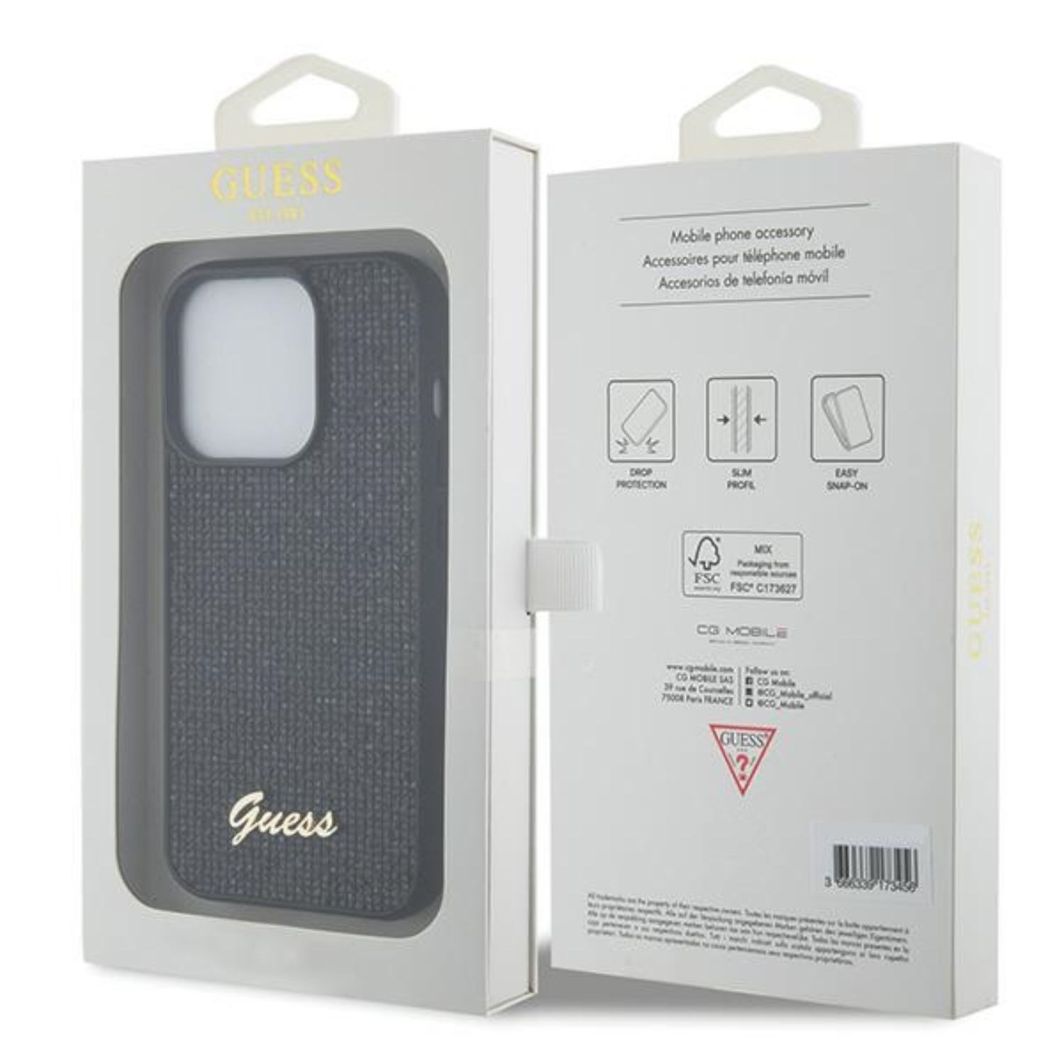 Scatola bianca Guess con una custodia per telefono. La custodia è nera con il logo Guess.