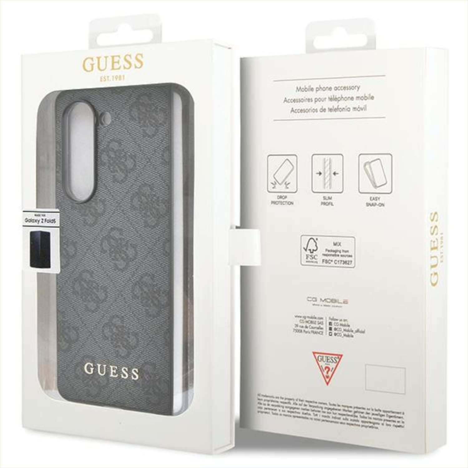 Una custodia per telefono in una scatola, grigia con il logo Guess e un profilo del telefono.