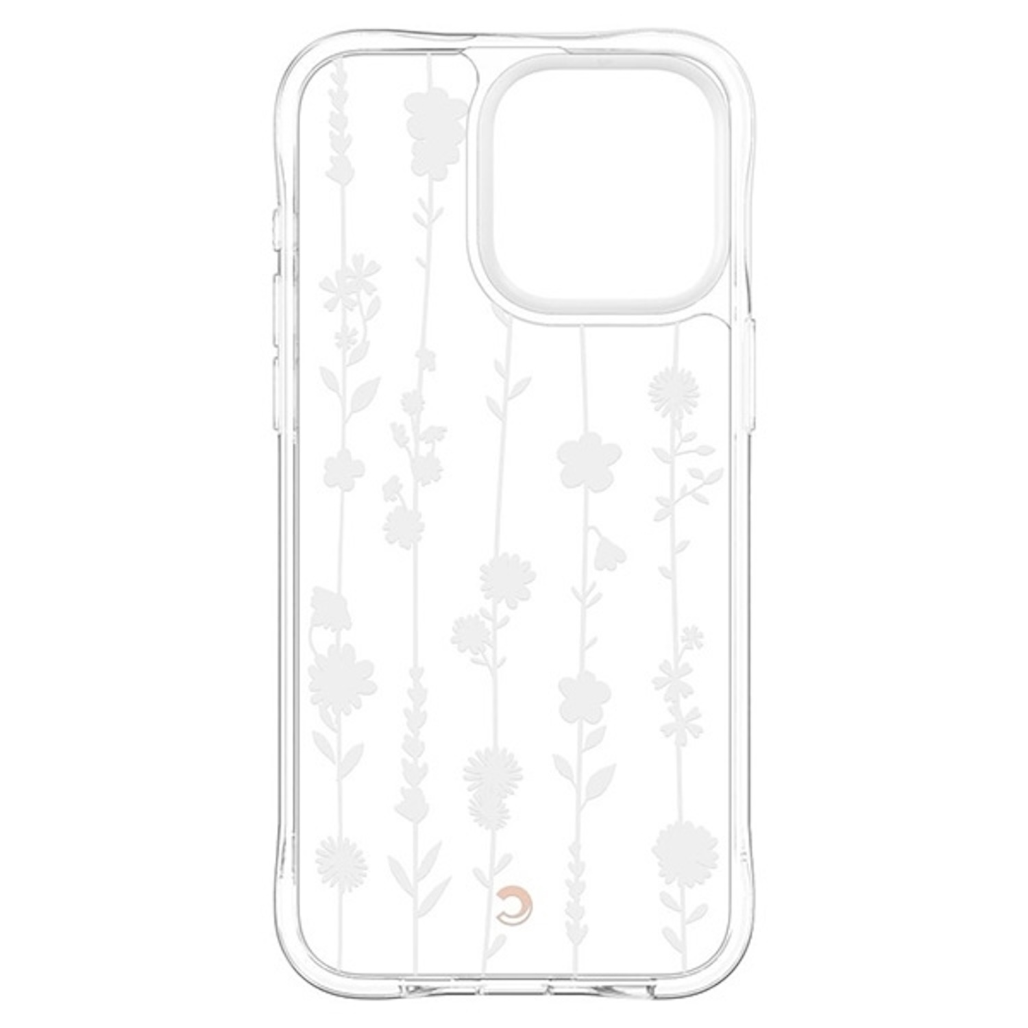 Eine transparente Handyhülle mit floralem Muster. Die Hülle ist transparent, die Blumen sind weiß.