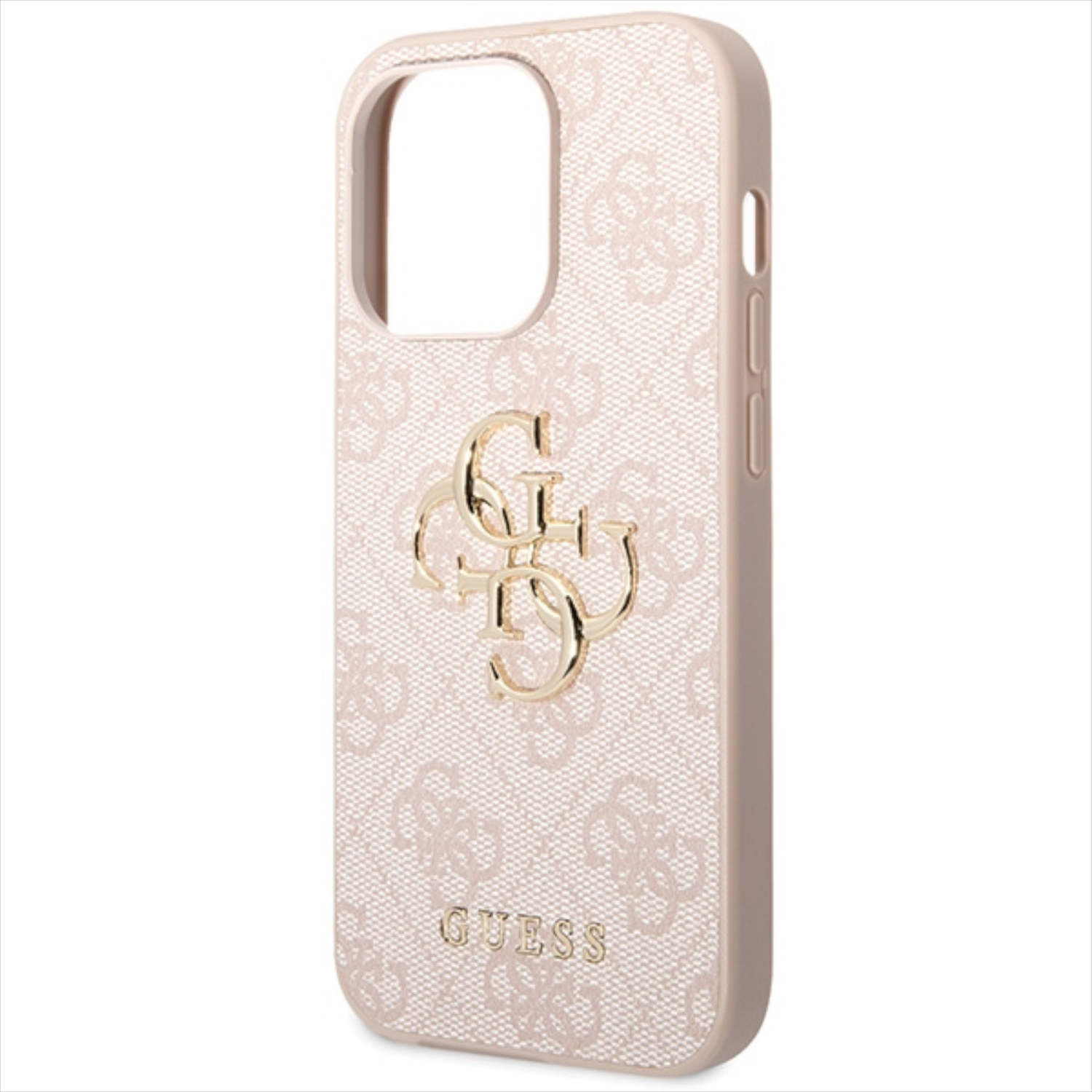 Custodia per telefono rosa con motivo logo Guess. La custodia ha un ritaglio per la fotocamera.