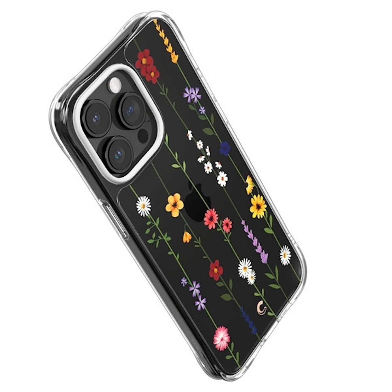 Eine transparente Handyhülle mit bunten Blumen.