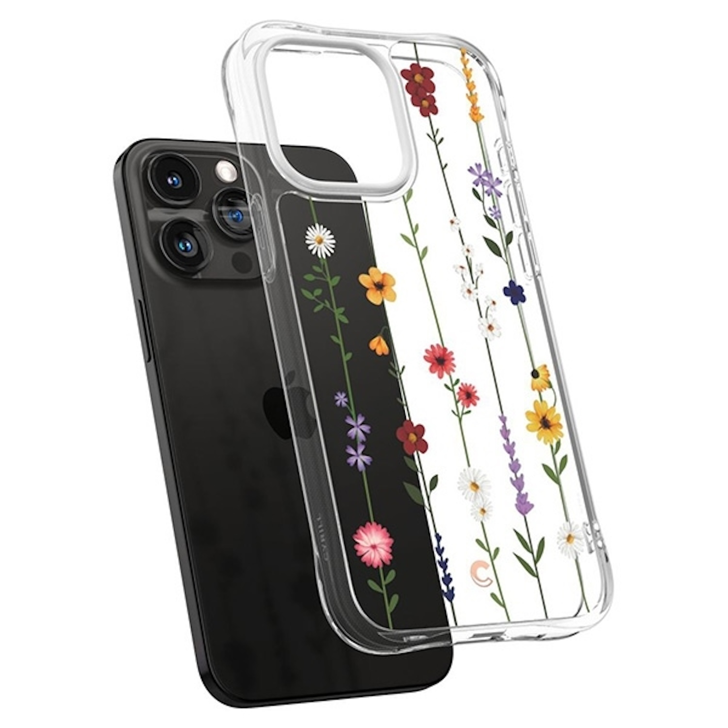 Ein Telefon in einer transparenten Hülle. Die Hülle hat bunte Blumen auf schwarz-weißem Hintergrund.