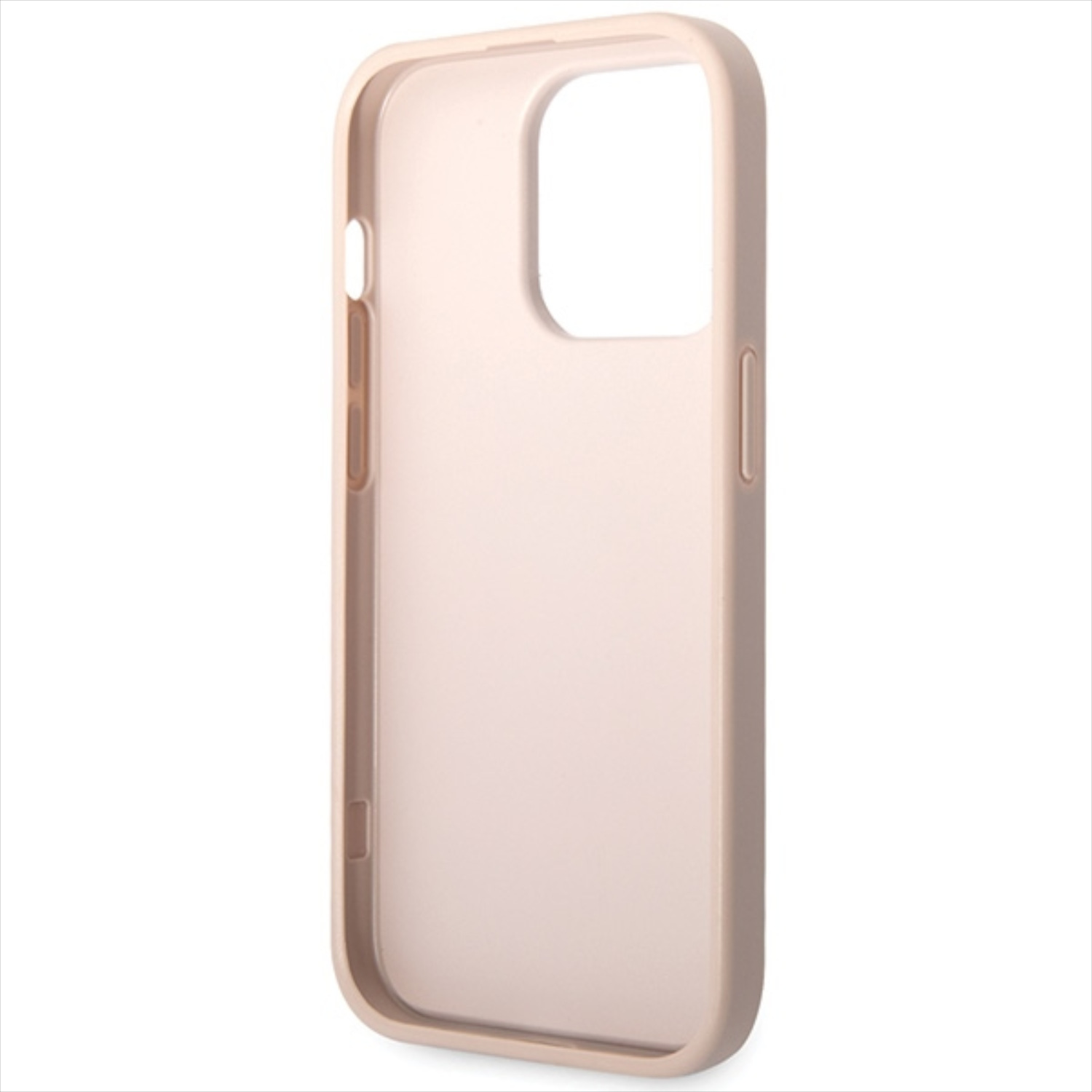 Una custodia rosa per telefono, rettangolare con un ritaglio per la fotocamera. Su sfondo bianco.