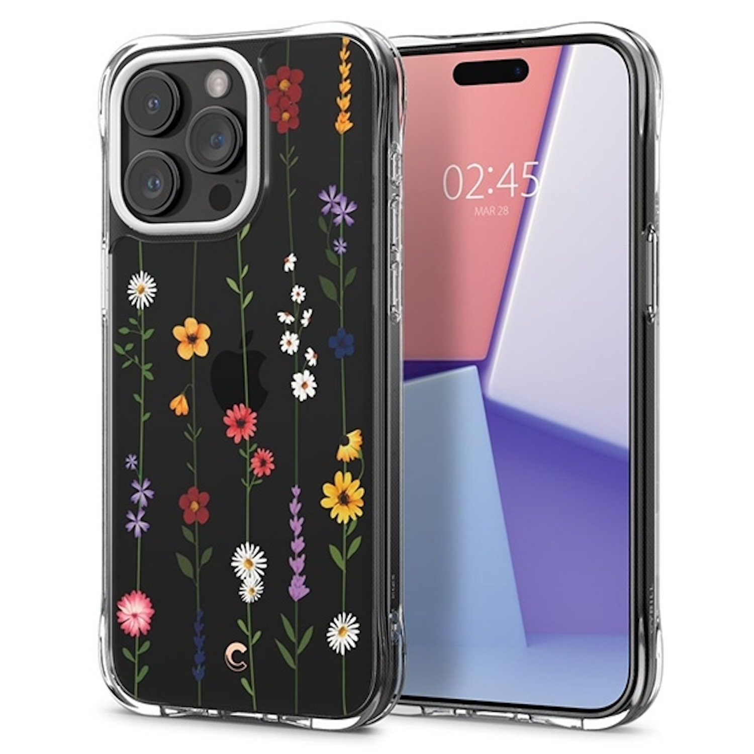Eine Handyhülle mit schwarzem Hintergrund und bunten Blumenstängeln. Ein Telefon ist darin. Klarer Rand.