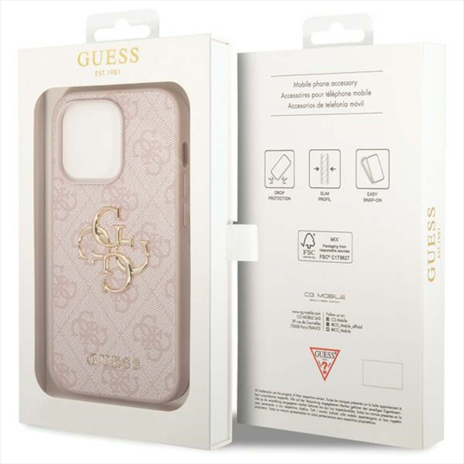 Una custodia per telefono Guess in una scatola. È rosa con un logo dorato e una scatola bianca.