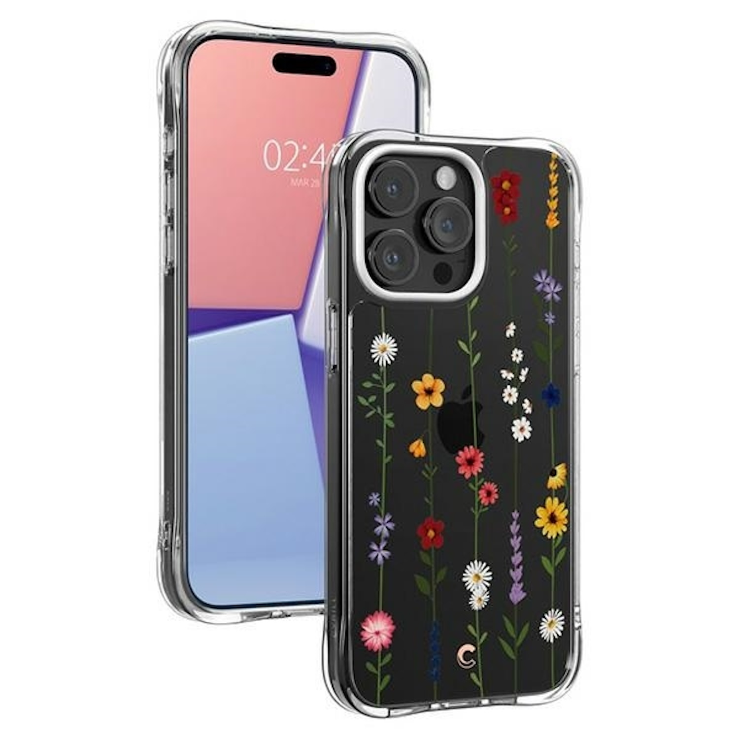 Ein Telefon in einer transparenten Hülle mit Blumendesign. Blumen auf schwarzem Hintergrund.