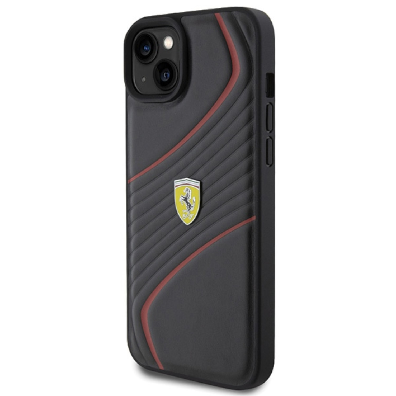 Schwarze iPhone-Hülle mit Ferrari-Logo und roten Streifen an der Seite.