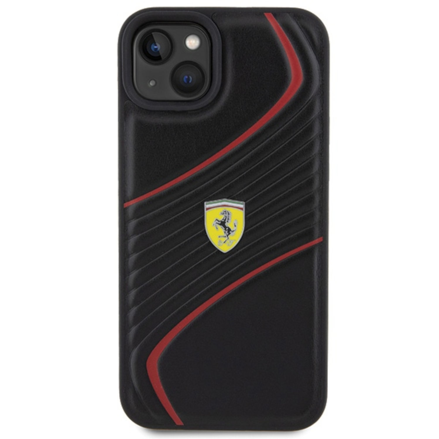Eine schwarze Handyhülle mit rotem Streifendesign und Ferrari-Logo. Auf weißem Hintergrund.