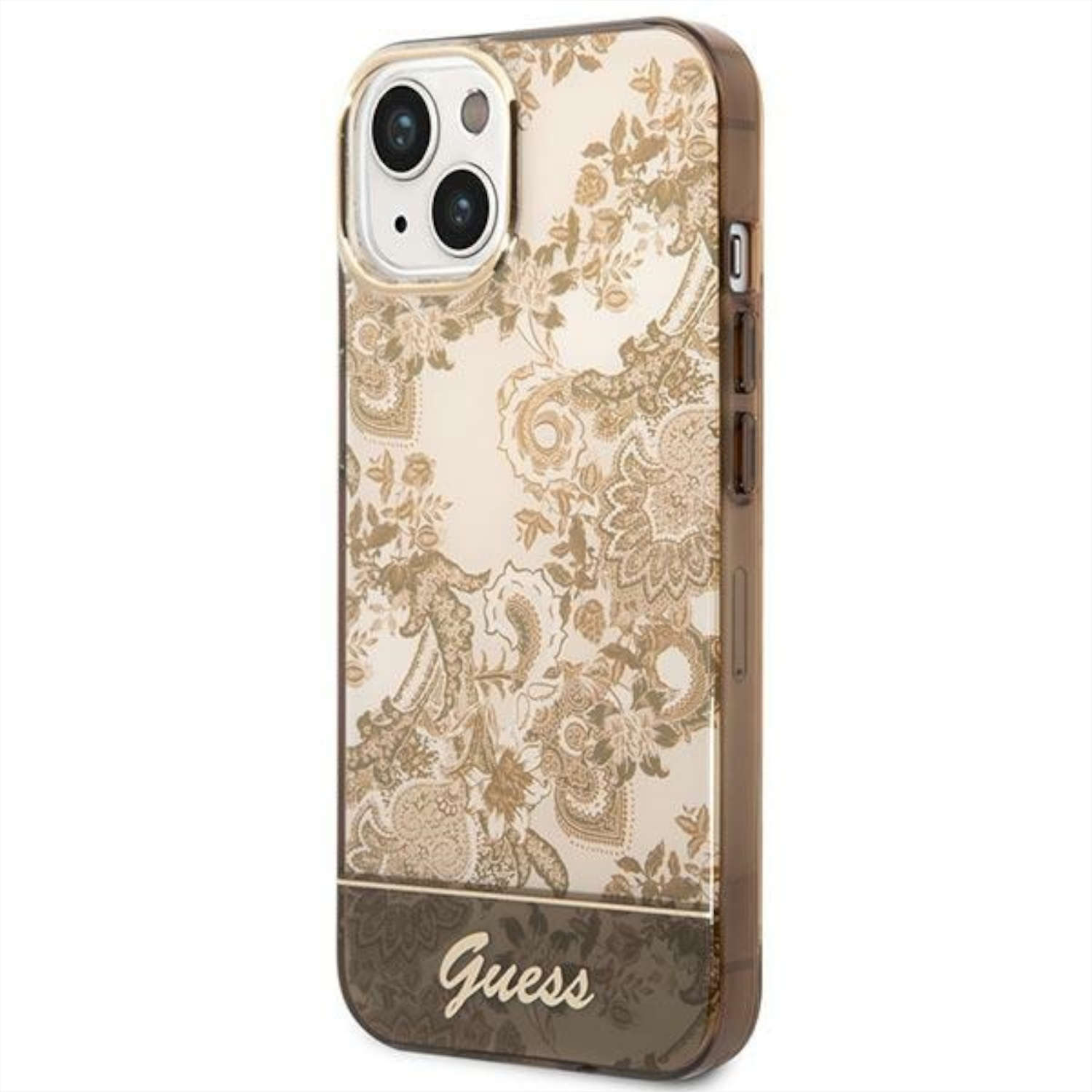 Una custodia per telefono con un motivo floreale e la scritta Guess. Su sfondo bianco.