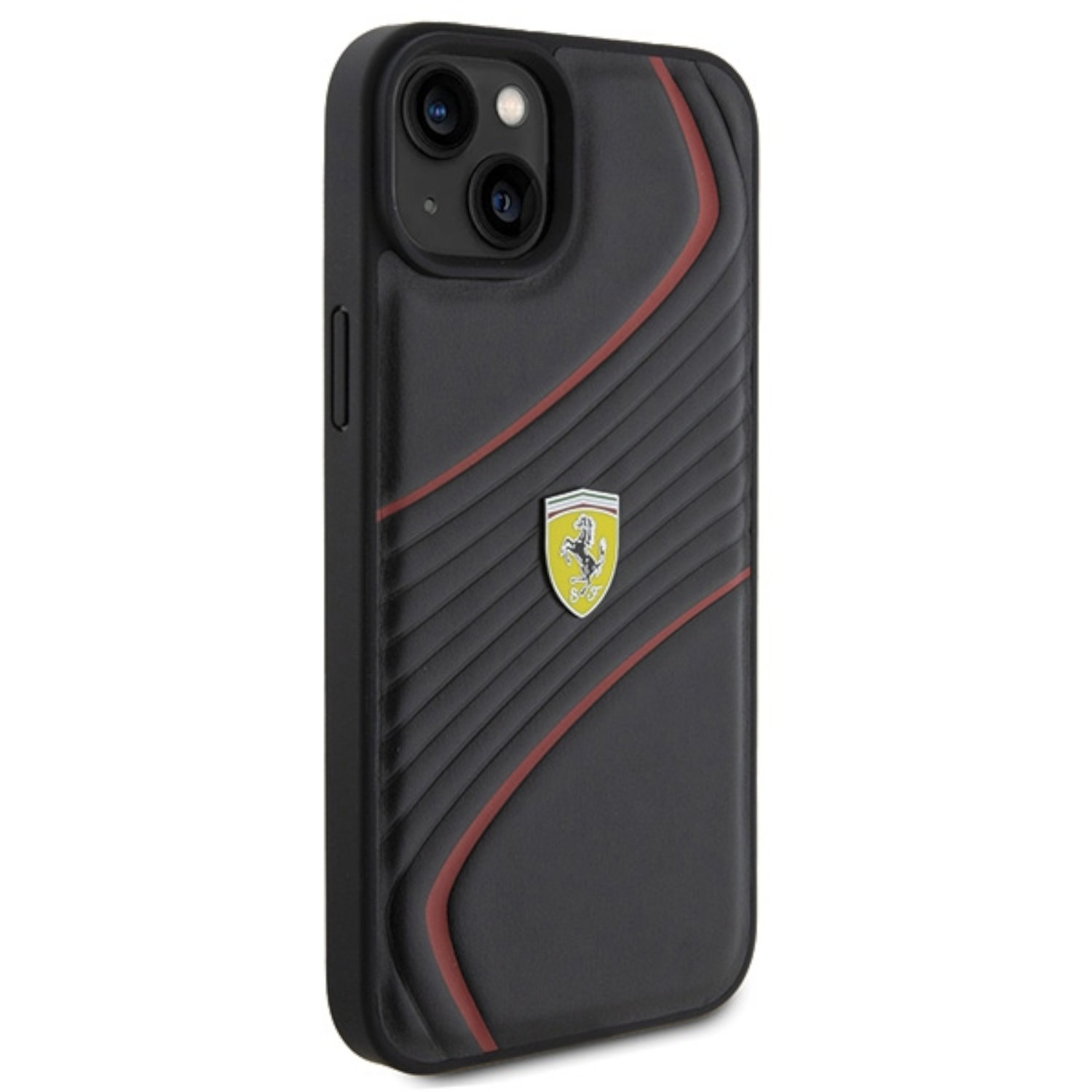 Eine schwarze Handyhülle mit roten Streifen und Ferrari-Logo. Auf weißem Hintergrund.