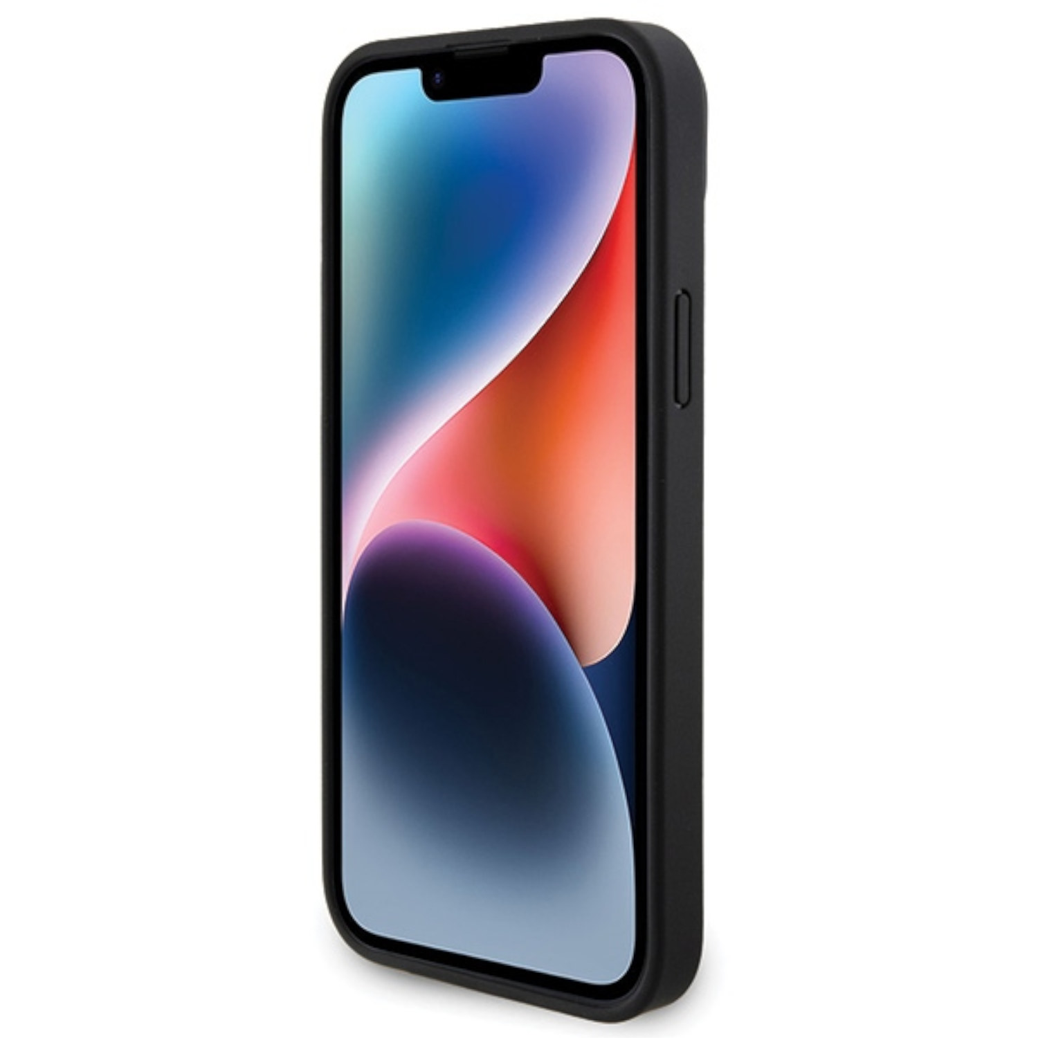 Ein schwarzes Telefon und Hülle, mit einem Bildschirm, der ein farbenfrohes Hintergrundbild zeigt.