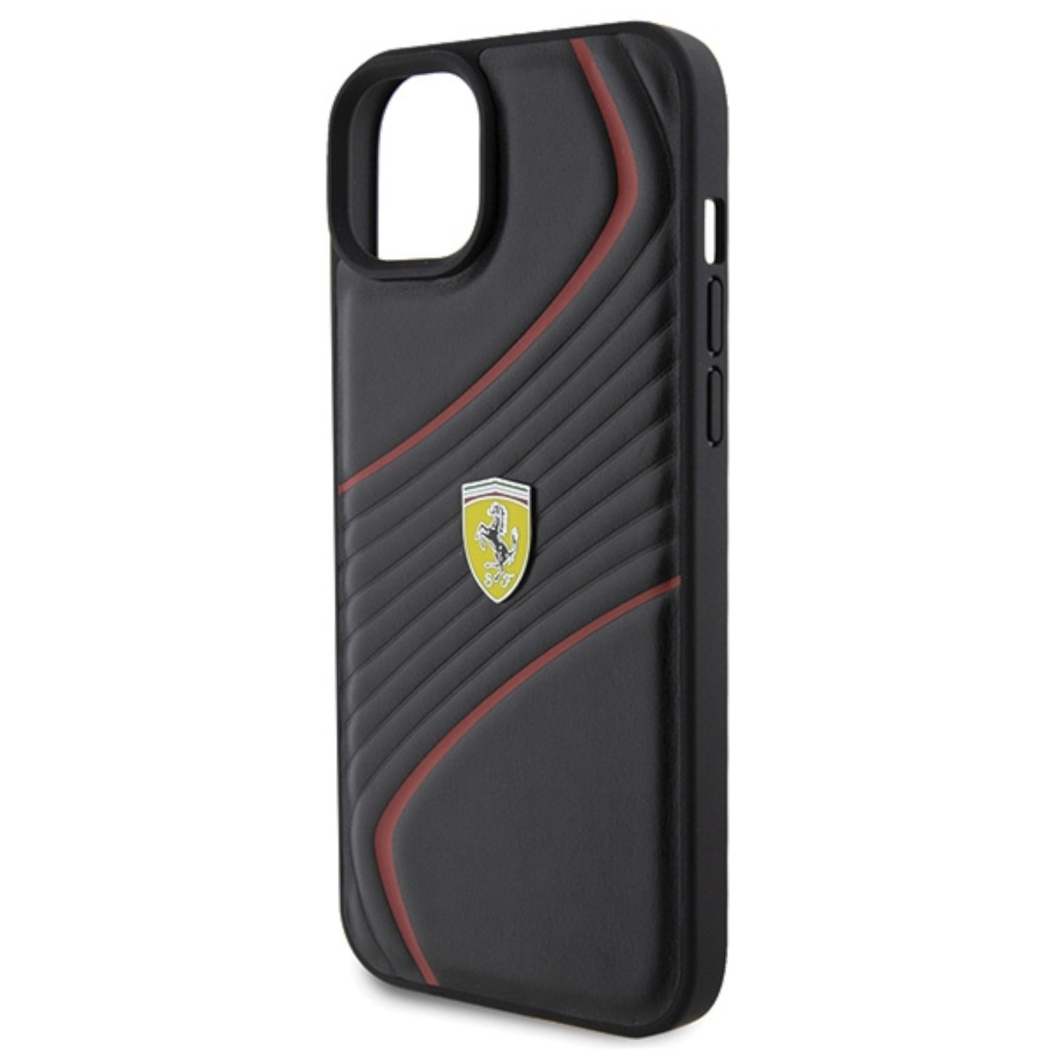 Eine schwarze Handyhülle mit roten Streifen und Ferrari-Logo. Auf weißem Hintergrund.