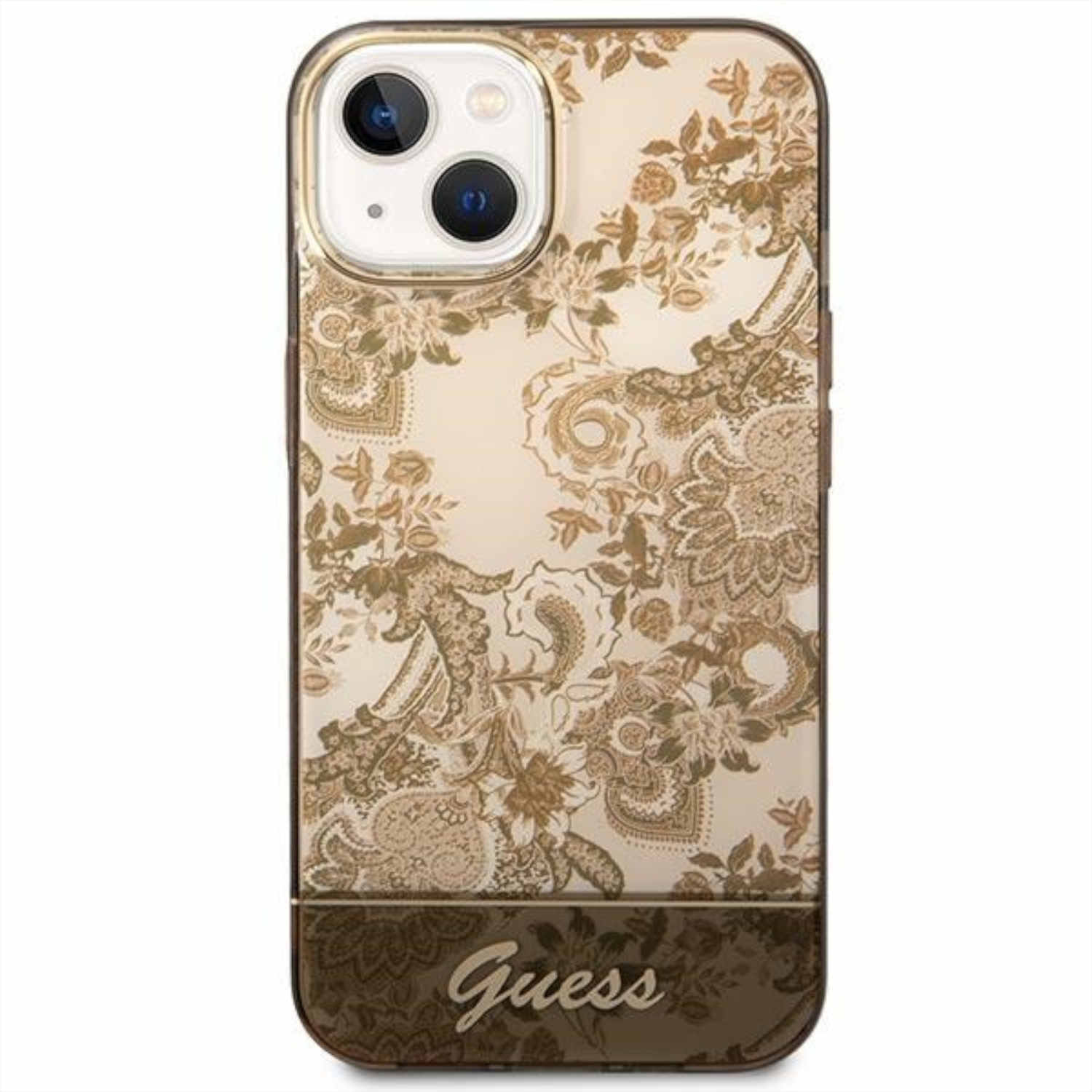 Una custodia per telefono con un motivo floreale e la scritta Guess. Su sfondo bianco.