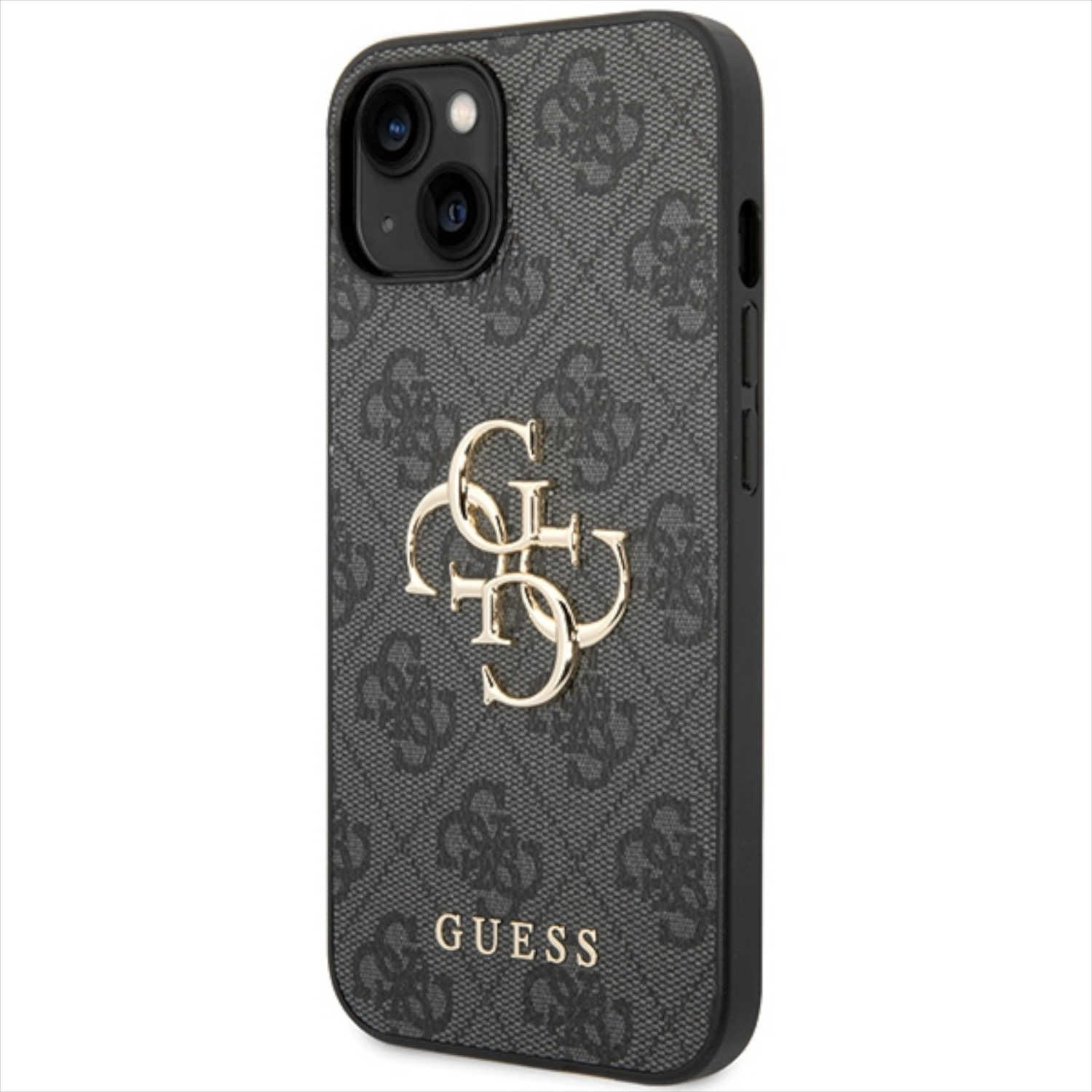 Eine schwarze Handyhülle mit Guess-Logo Muster. Auf weißem Hintergrund.