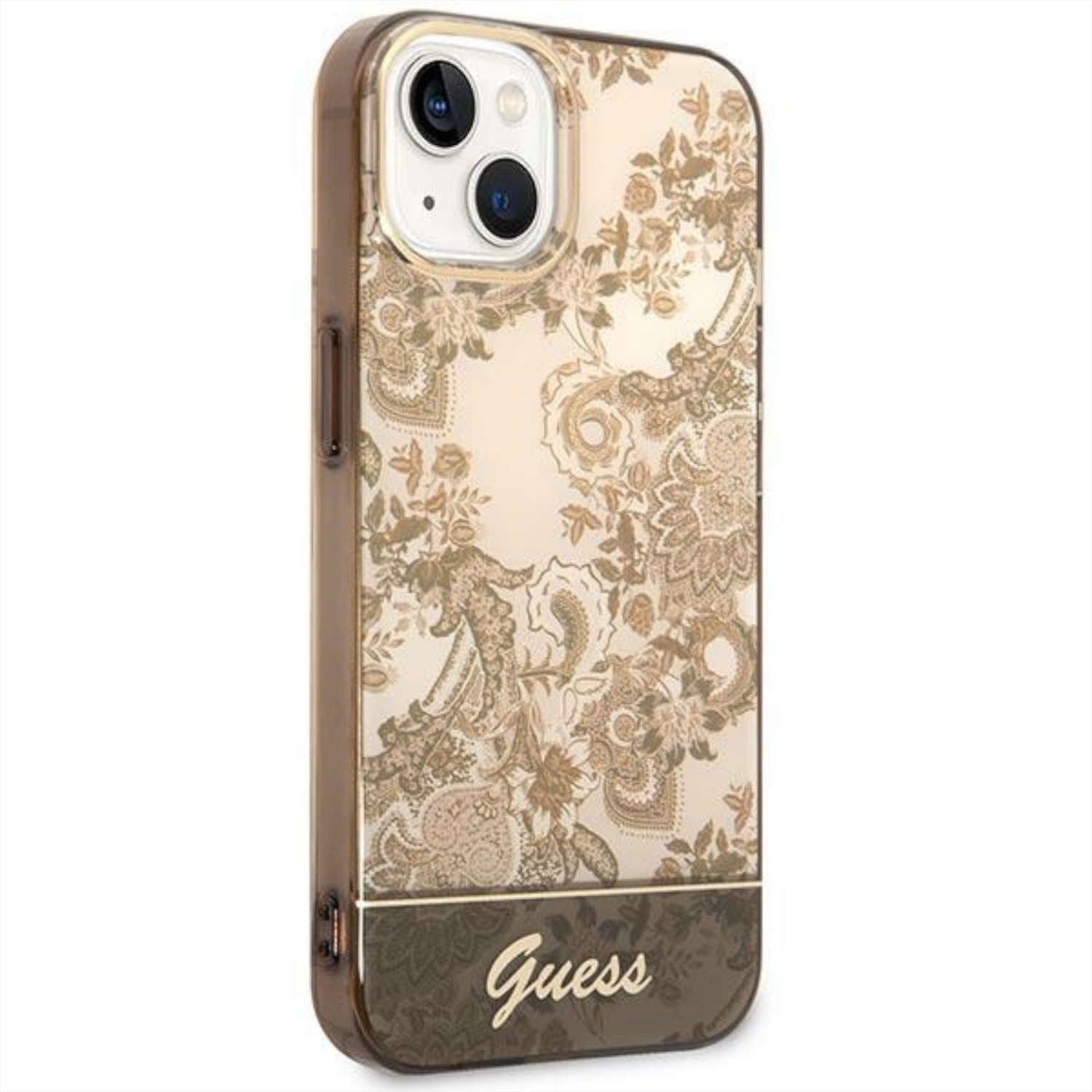 Custodia per telefono, cornice dorata e design floreale. Logo Guess in basso.