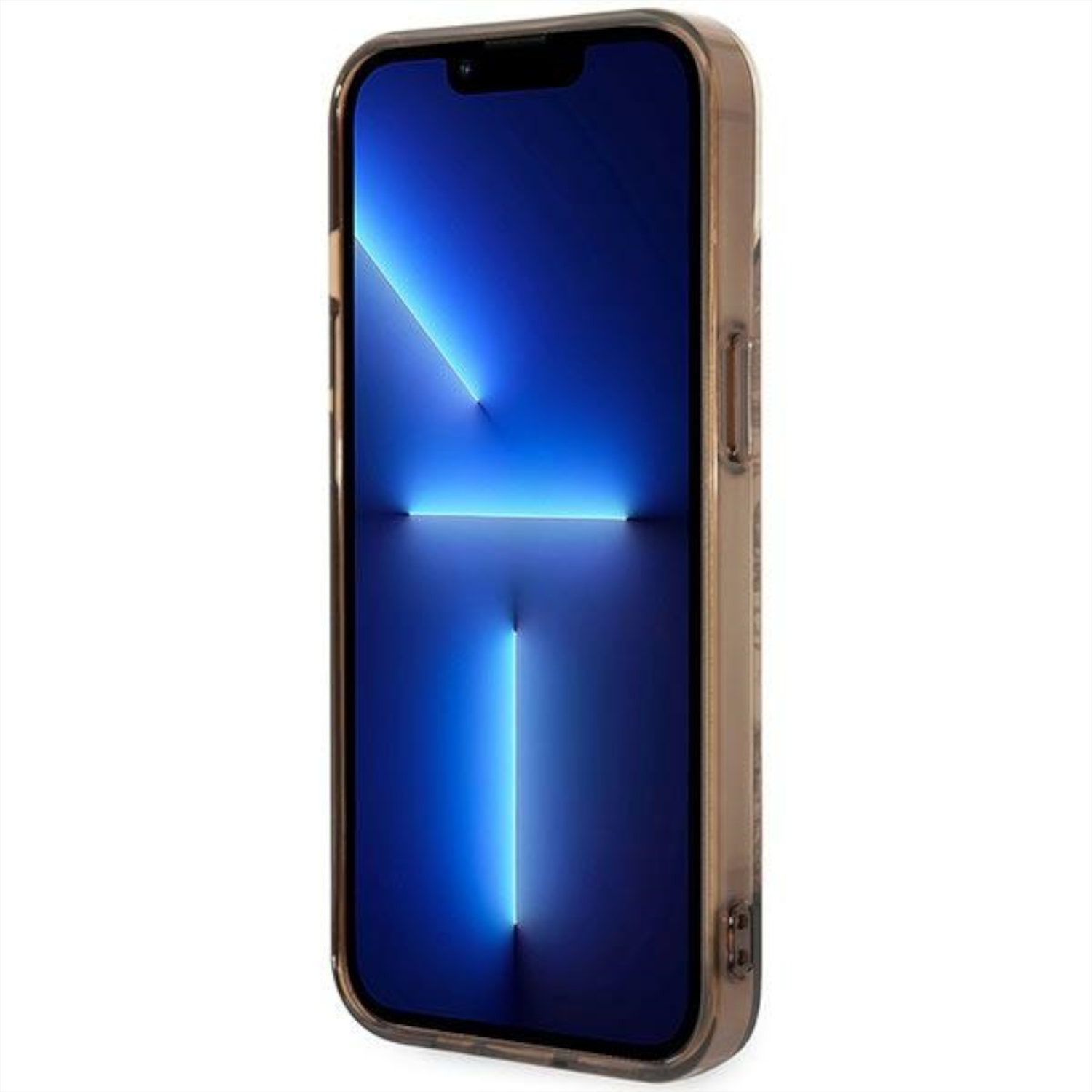 Telefono con schermo illuminato di blu all'interno di una custodia marrone.