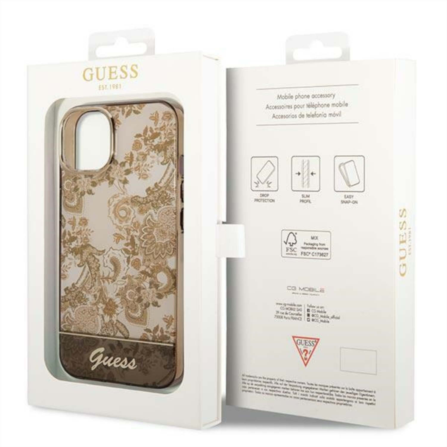 Custodia Guess in scatola, design floreale e logo Guess.