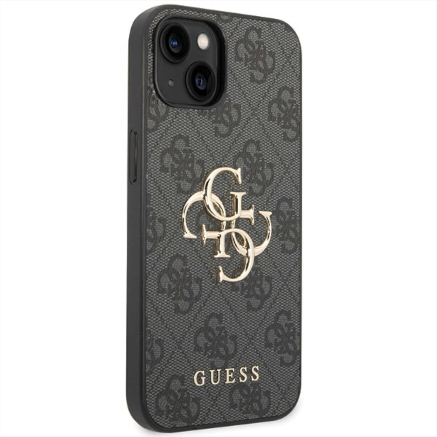 Handyhülle mit grauem Logomuster und goldenem Guess-Logo.