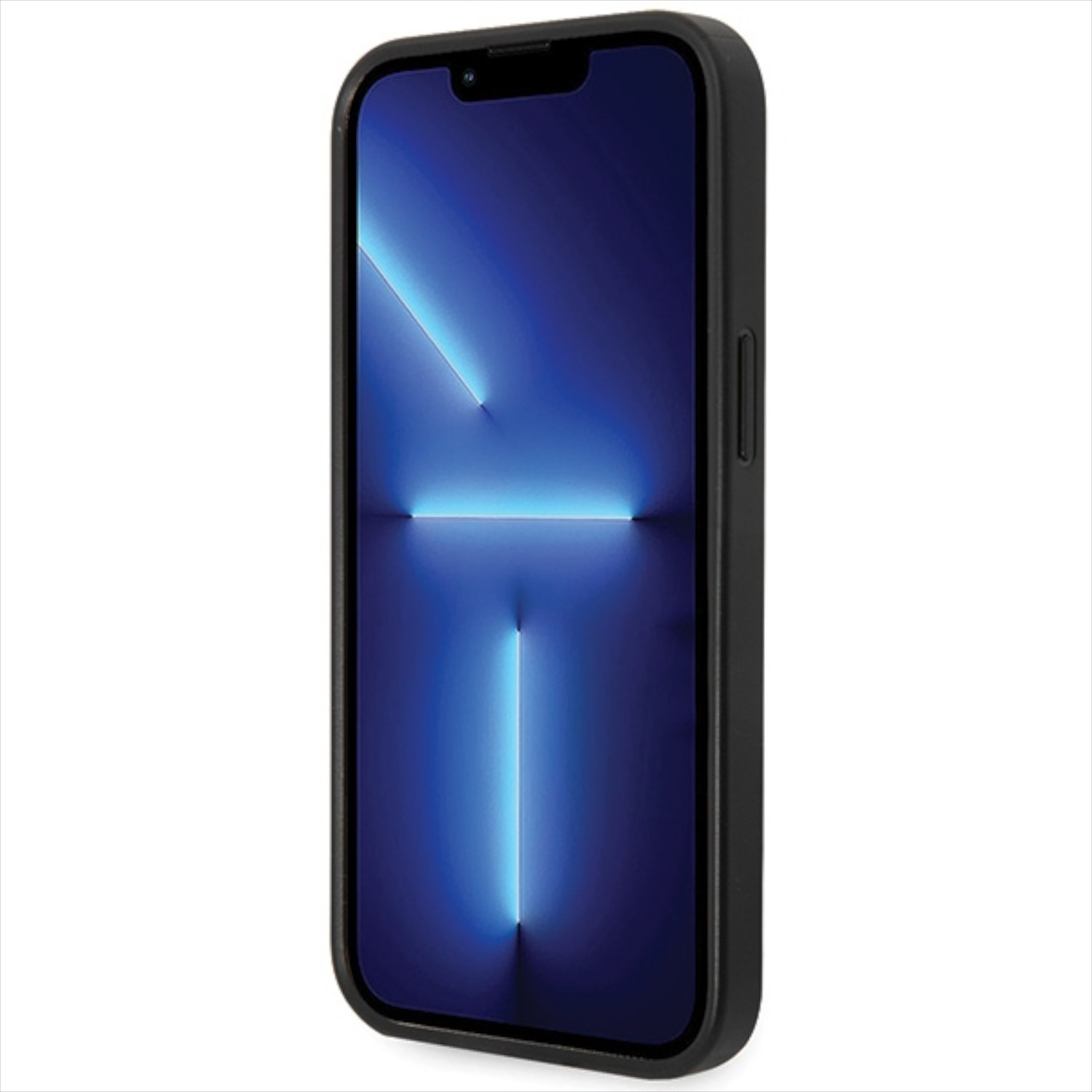 Ein schwarzes Telefon mit einem Bildschirm, der ein blaues Lichtdesign zeigt, in einem schwarzen Gehäuse.