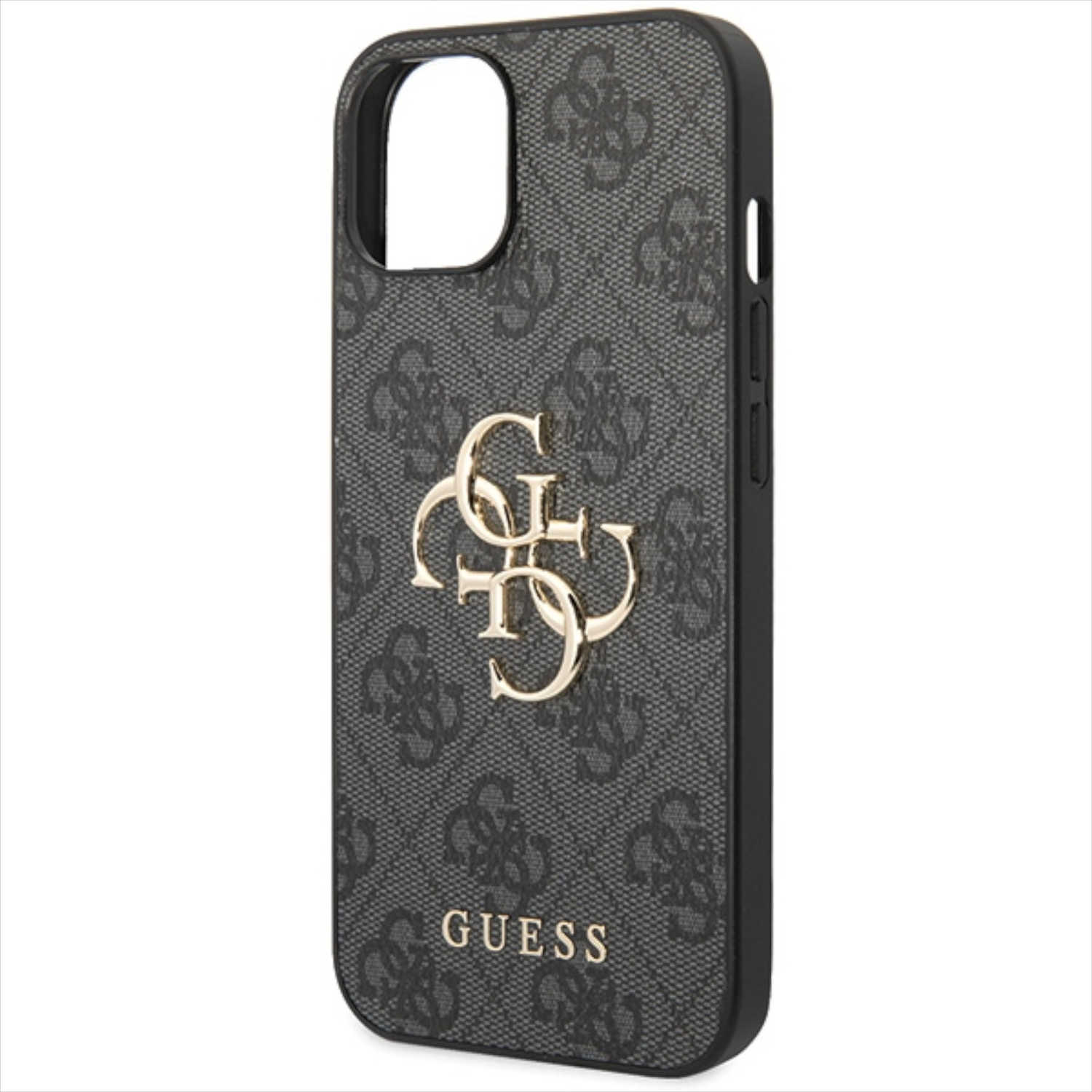 Schwarze Handyhülle mit Guess-Logo und Muster in Grau. Goldene Logodetails. Schwarze Ränder.