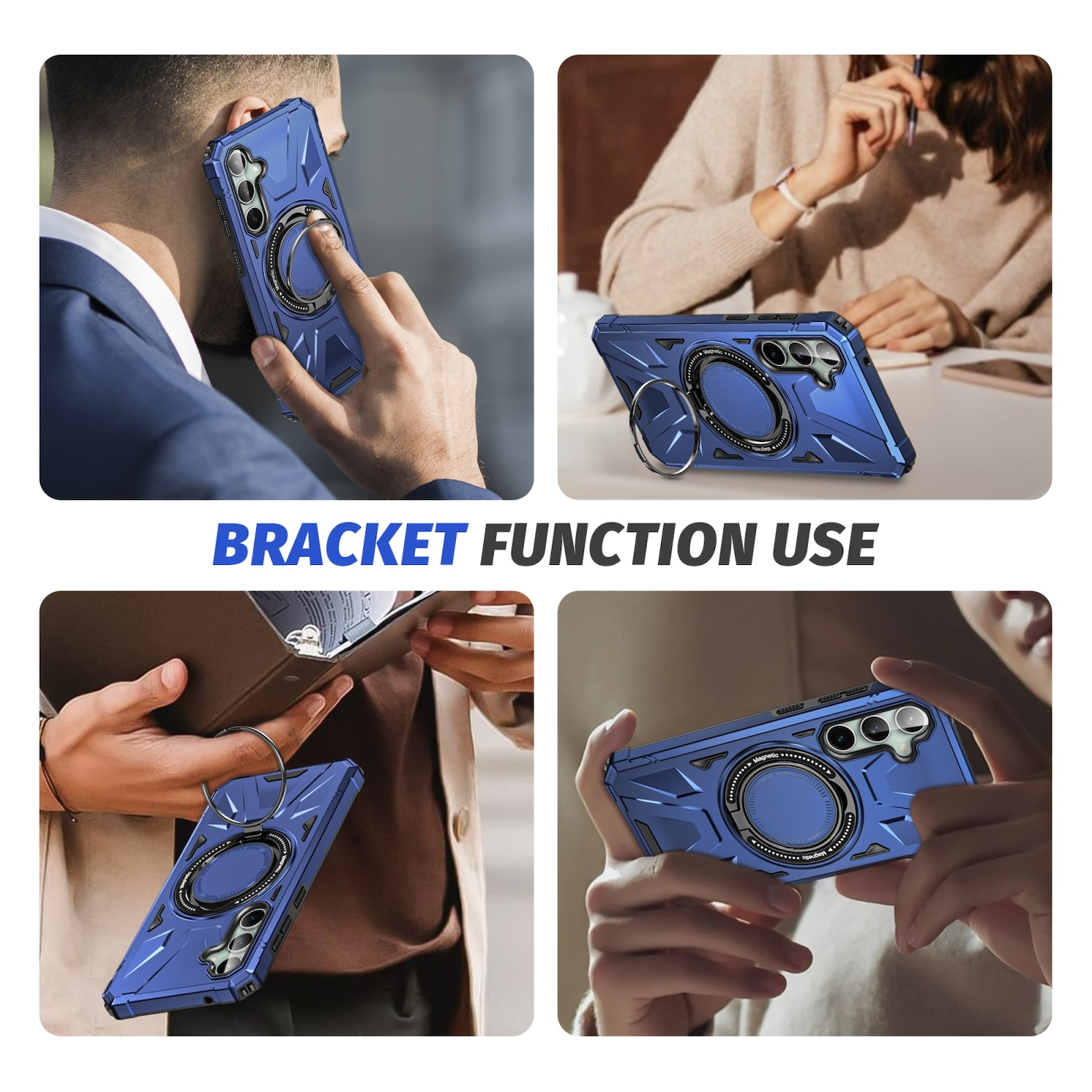 Vier Bilder mit einer blauen Handyhülle. Verwendung der Halterungsfunktion. Benutzer hält.
