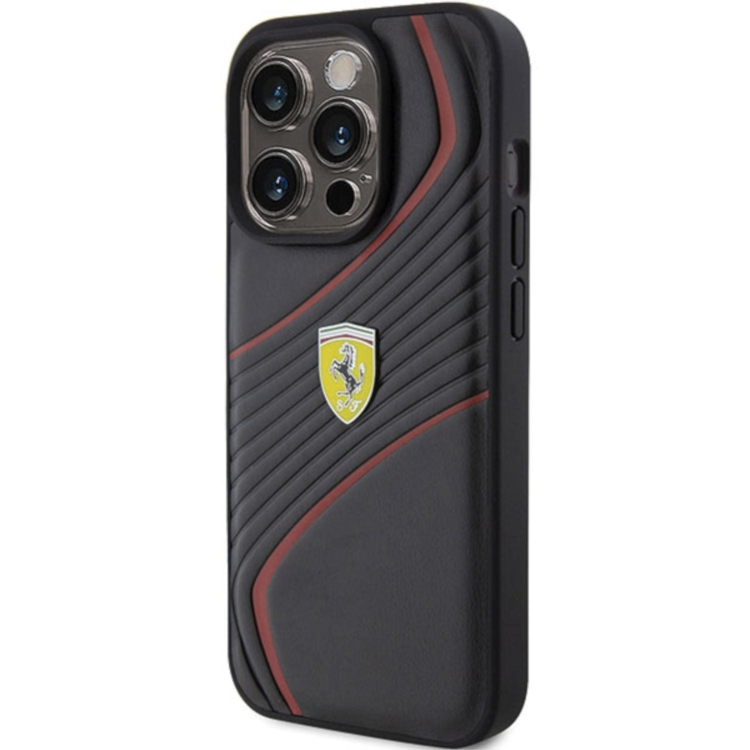 Funda de teléfono negra con detalles rojos y un logo de Ferrari en la parte trasera. La funda es texturizada.