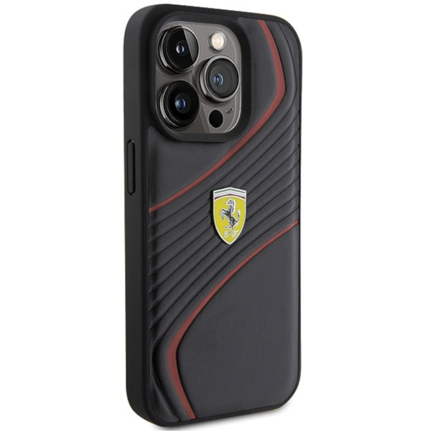 Funda negra para teléfono con rayas rojas y logotipo de Ferrari. Teléfono con múltiples lentes de cámara visibles.