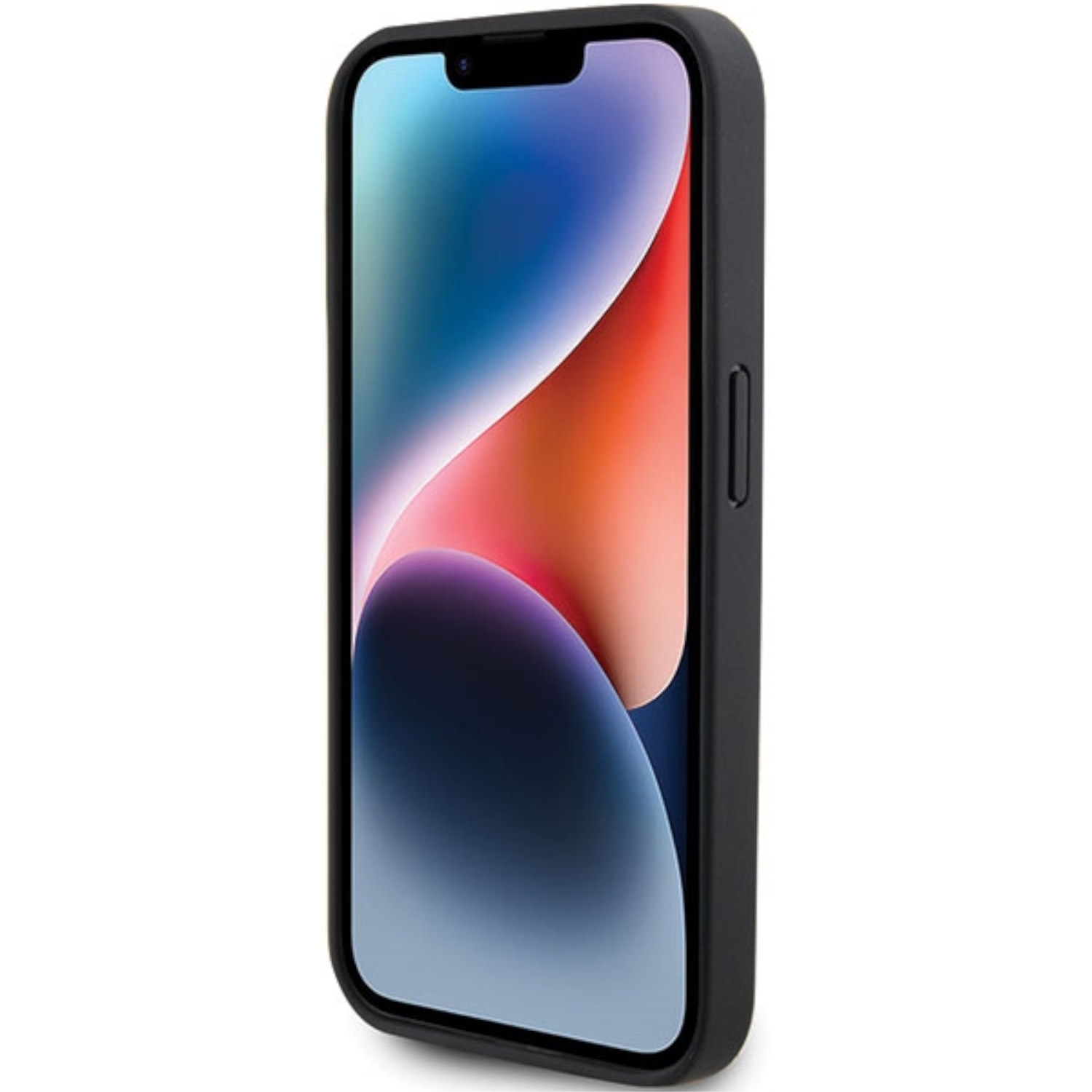 Teléfono negro en una funda negra, que muestra la pantalla y un bulto de la cámara.