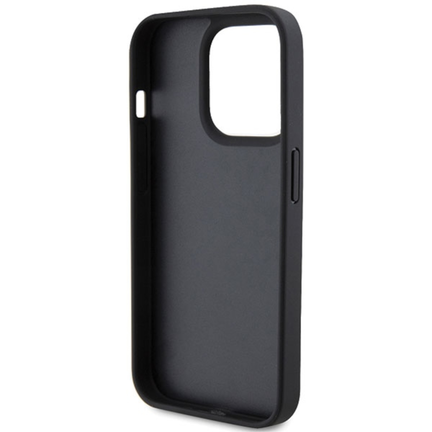 Funda de teléfono negra. Vista lateral. Fondo blanco.