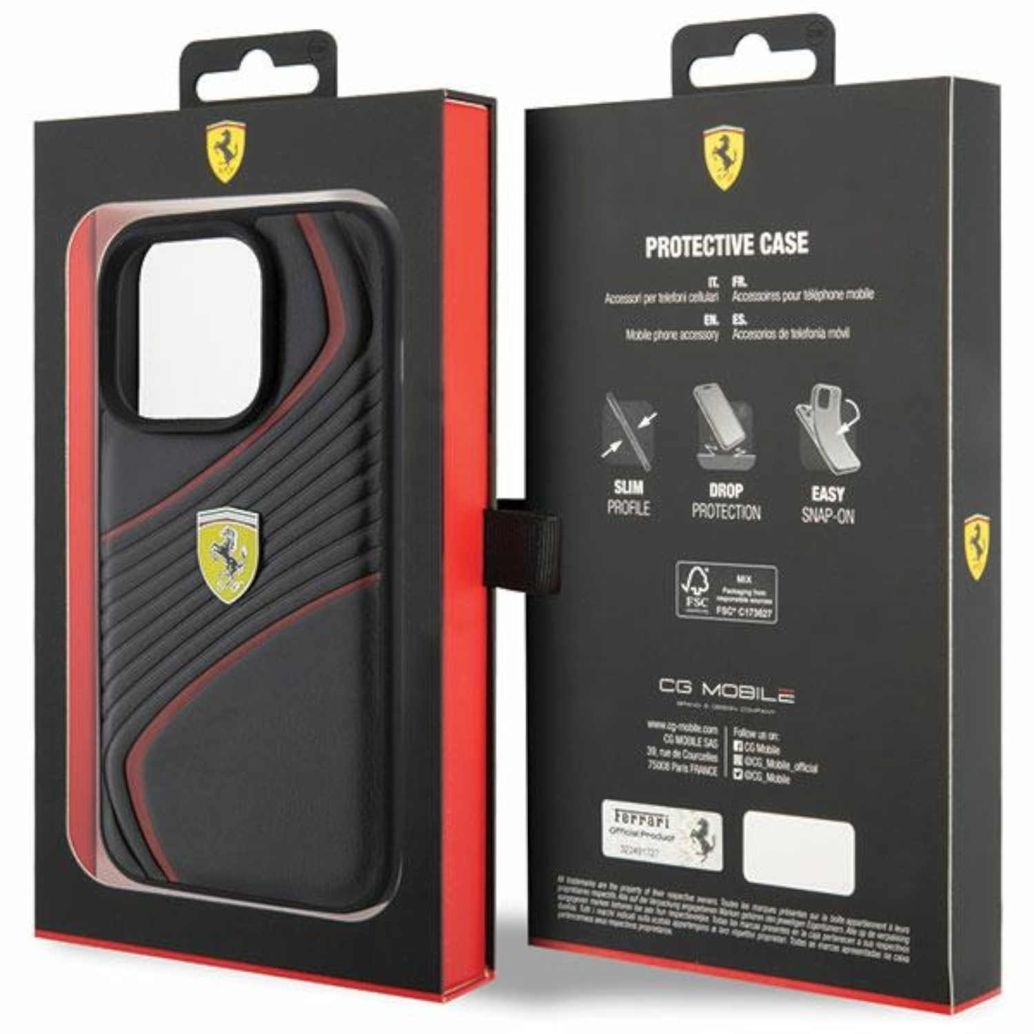 Funda de teléfono en una caja. La funda es negra con el logotipo de Ferrari. Caja blanca.