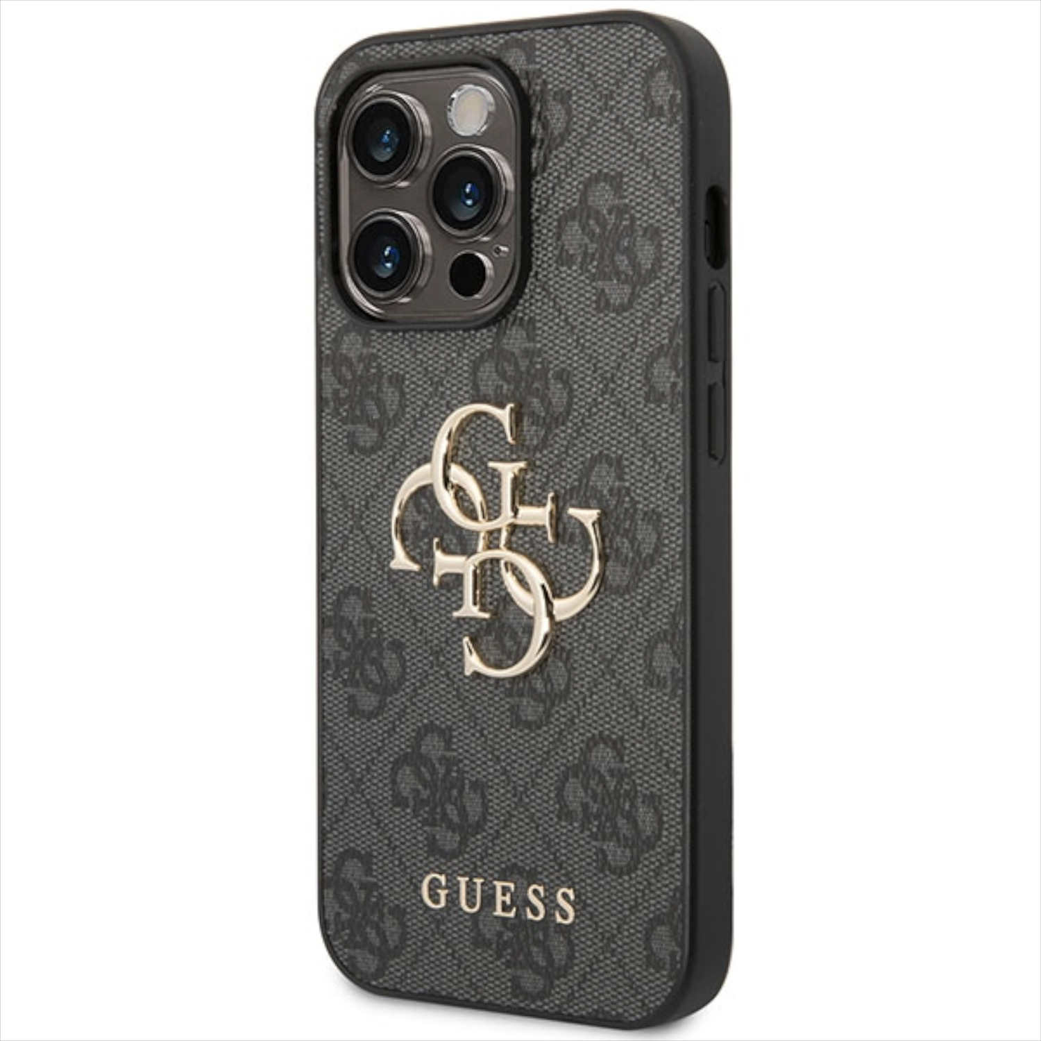Custodia per telefono nera con logo Guess dorato. La custodia ha un motivo grigio.
