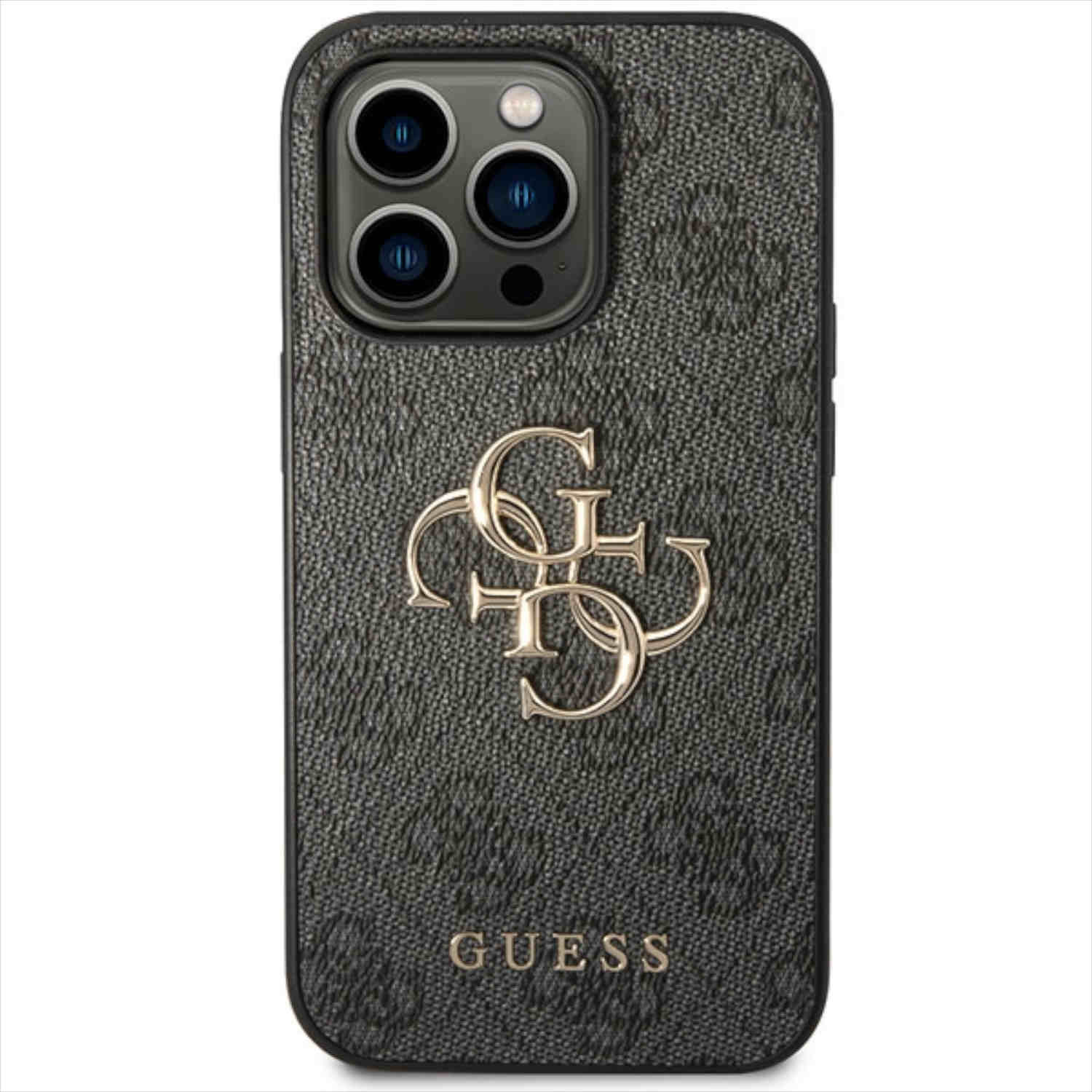 Custodia per telefono nera con logo Guess dorato. La custodia ha un motivo grigio.