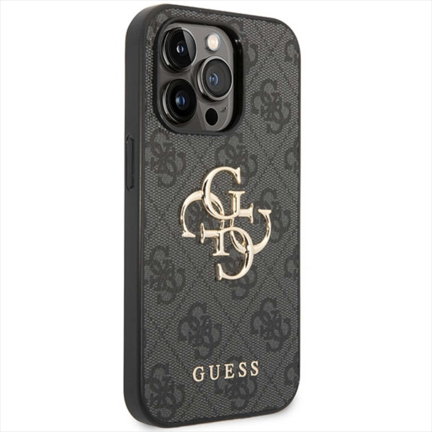 Custodia per telefono nera con logo Guess dorato. La custodia ha un motivo grigio.