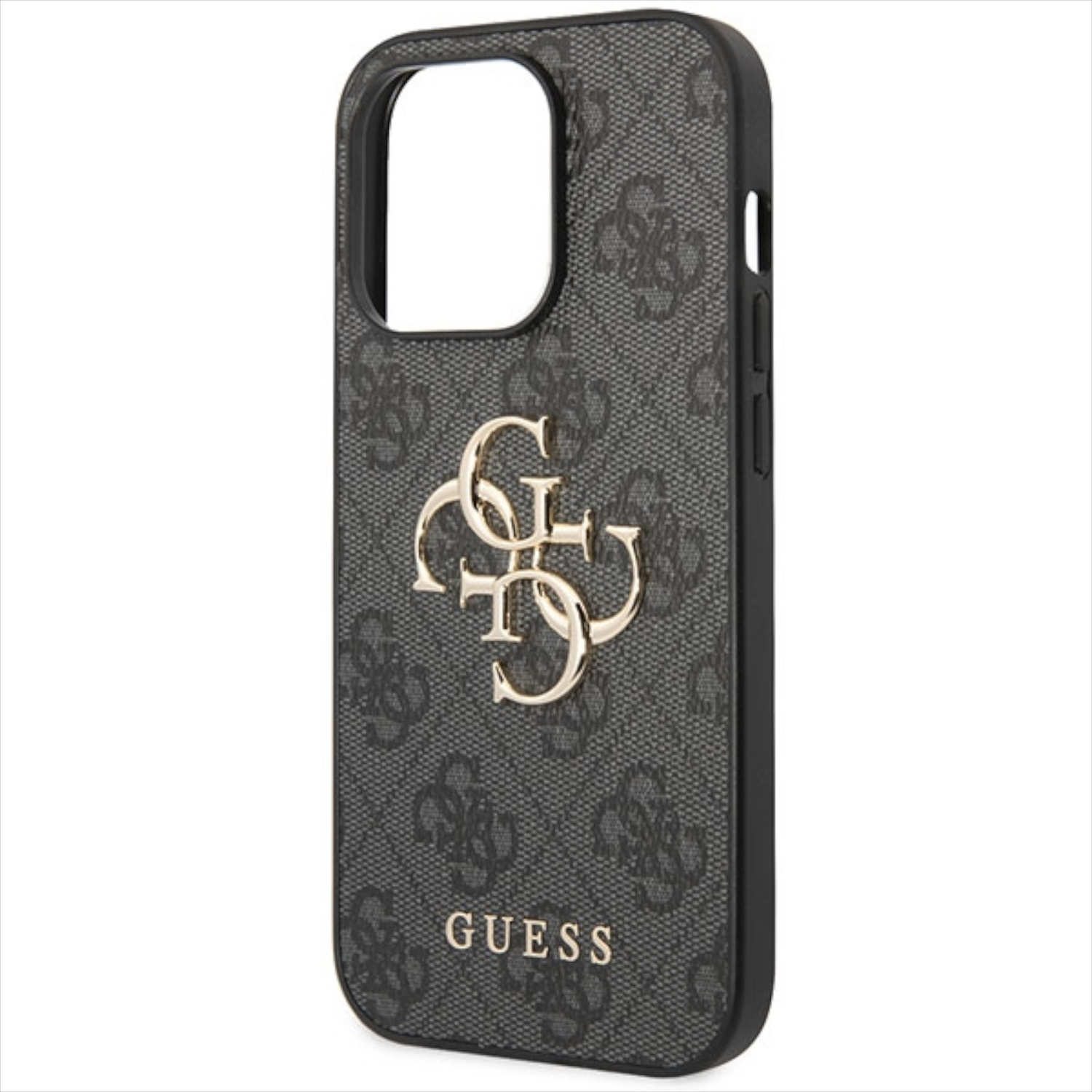 Custodia nera con logo Guess dorato. Retro a fantasia, ritaglio fotocamera. Logo Guess in basso.