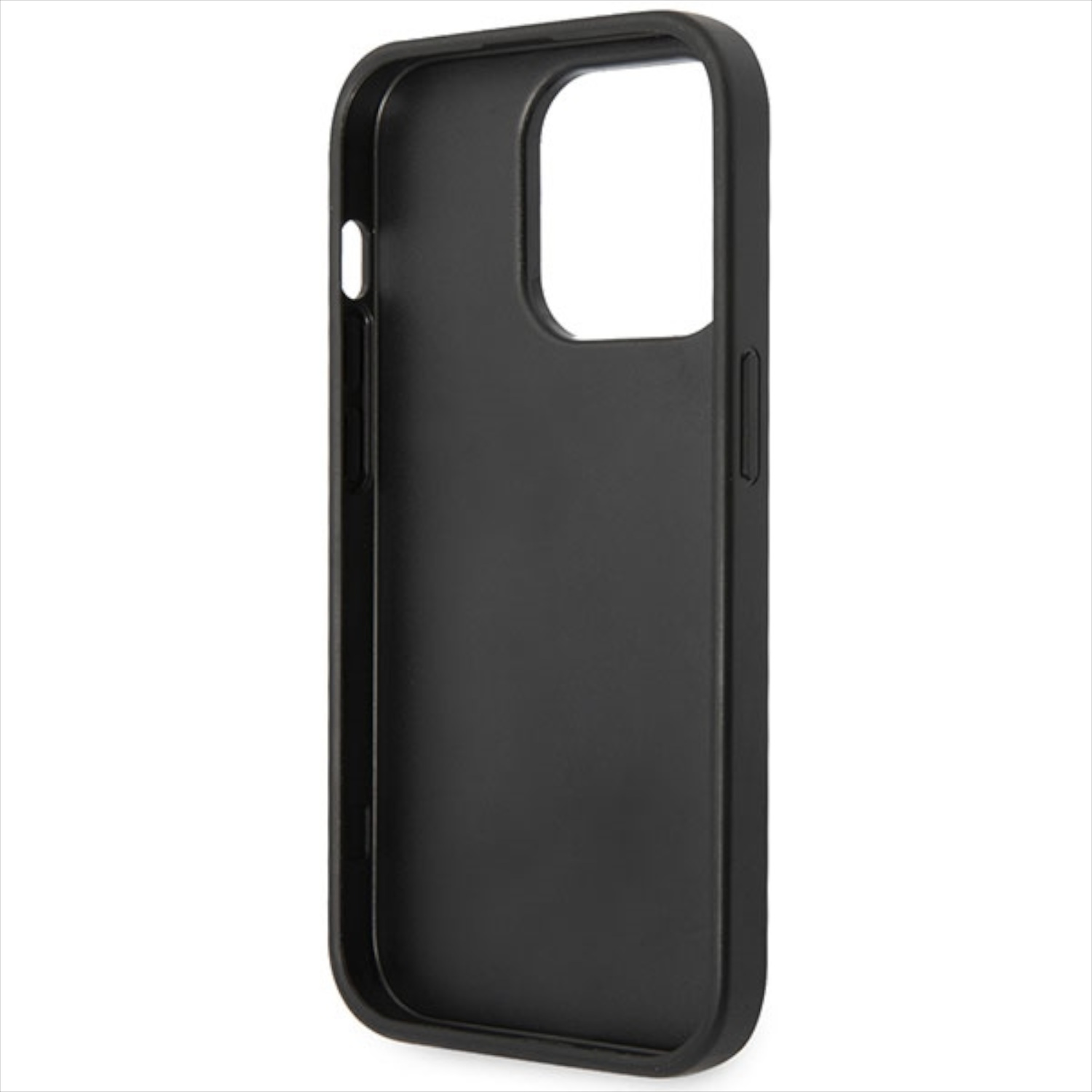Custodia nera per telefono, vista interna, con ritaglio per fotocamera. Design semplice e solido.