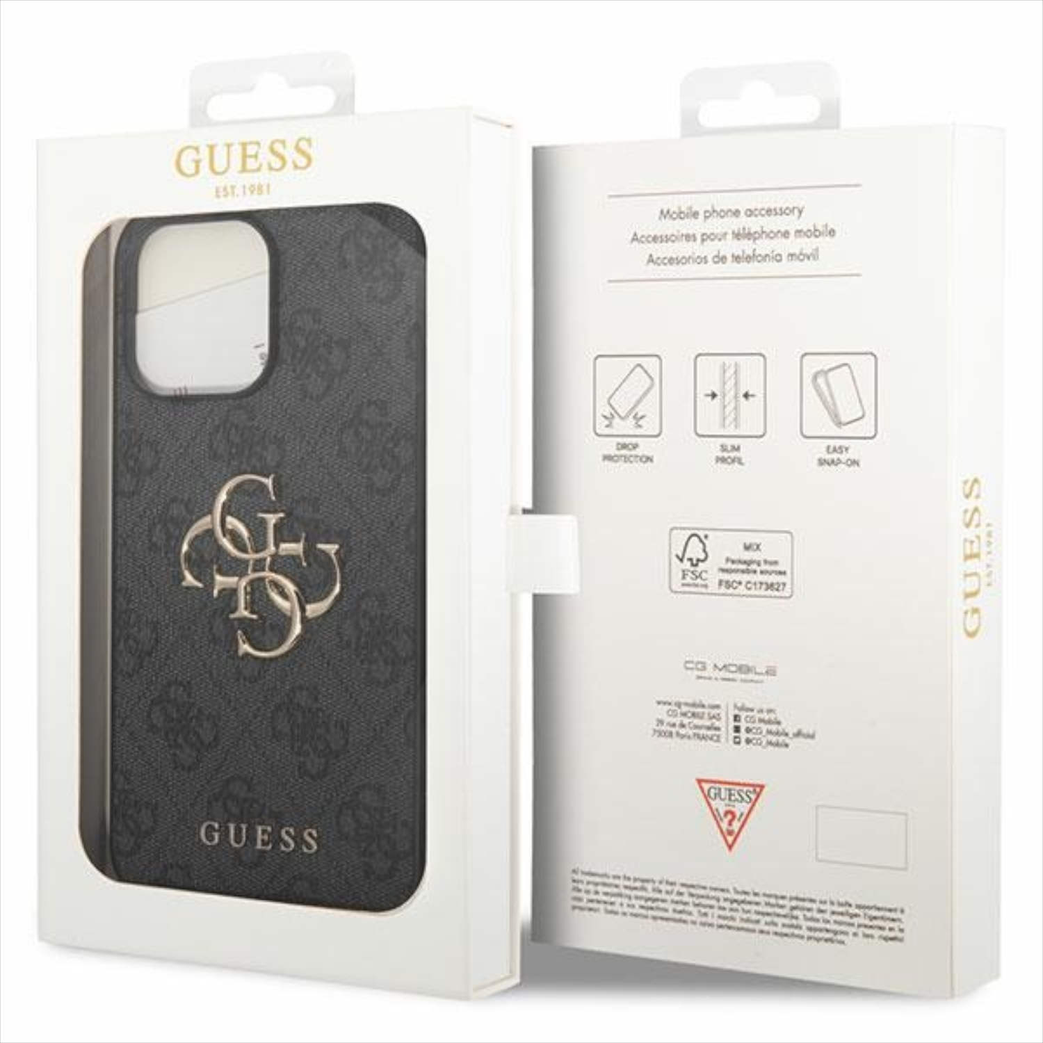 Confezione della custodia Guess. Custodia nella scatola, con logo e dettagli. Scatola bianca, aperta.