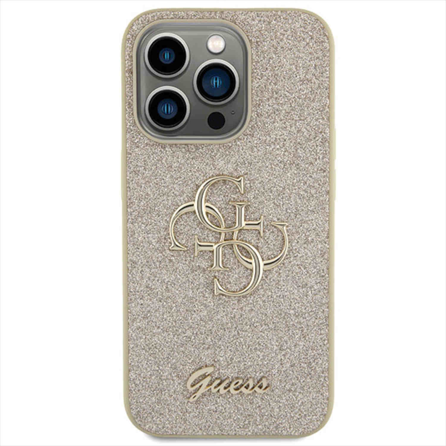 Una custodia per telefono Guess glitterata oro con il logo Guess.
